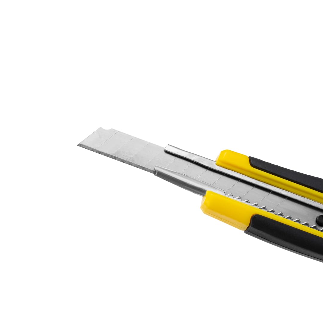 Handy Tek 5.3 Inch Retractable Utility Knife Set of 4 - Snap-Off Blades with Built-In Safety Lock, Heavy Duty Sharp Breakaway Knives for Restaurant, Kitchen, Office & DIY Projects - Yellow Plastic Handle Box Cutter