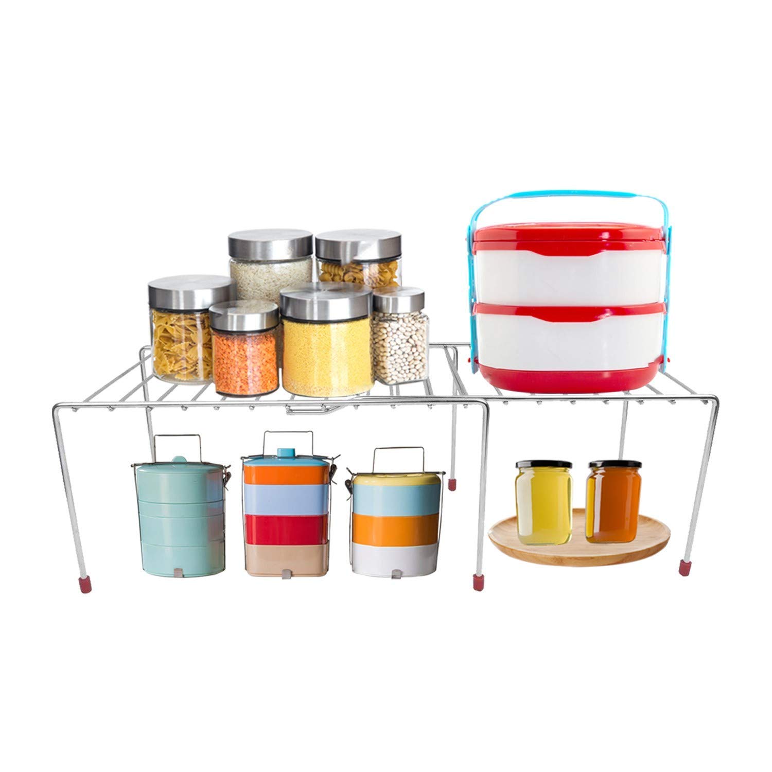 ROLLYWARE Expandable Metal Kitchen Storage Rack - Sturdy Space-Saving Shelf Organizer for Cabinets, Pantry & Countertops (Silver) | Perfect for Organizing Spices, Utensils & Cookware