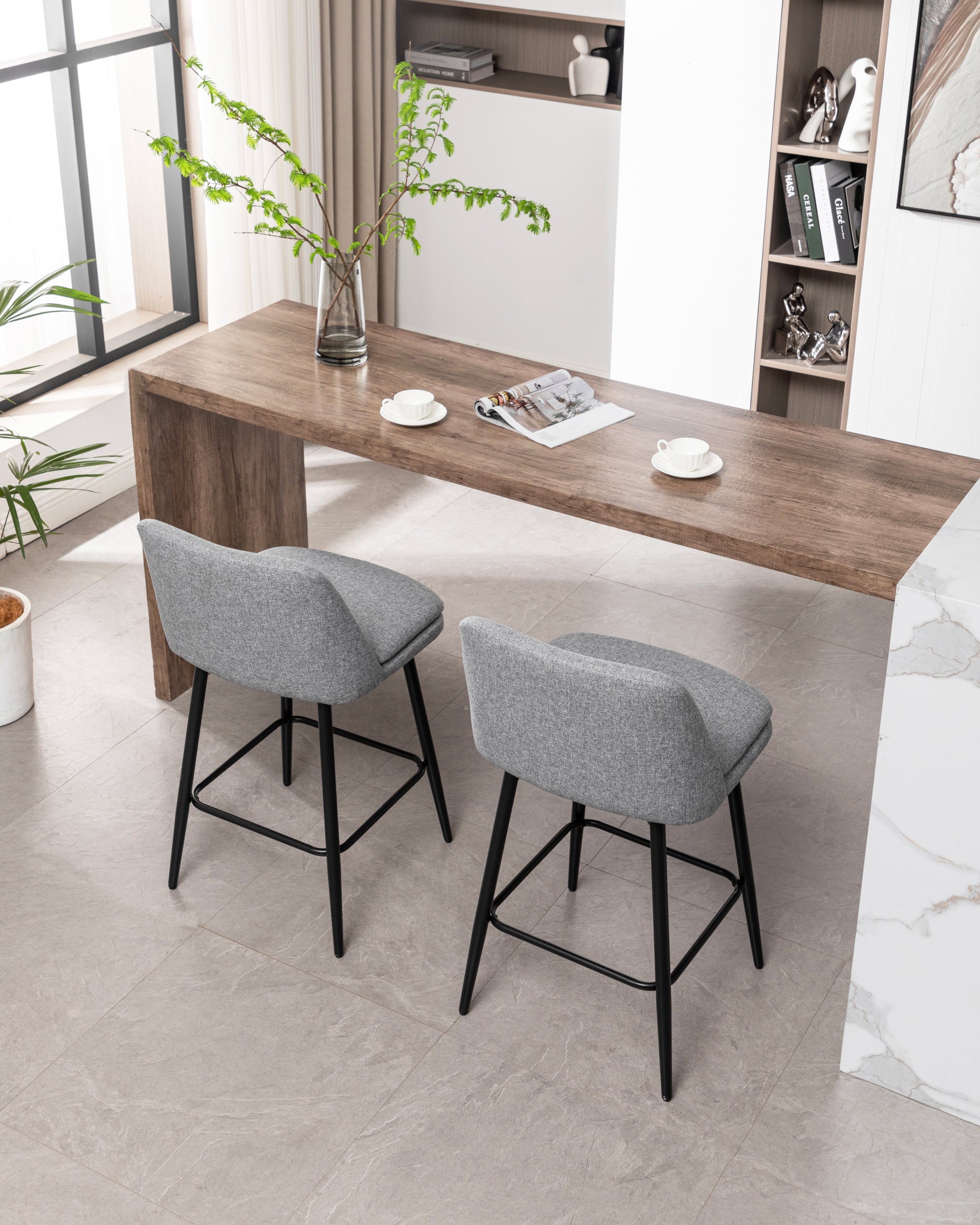 360° Swivel Counter Height Bar Stools Set of 2 - Upholstered with Back Support & Sturdy Metal Legs, 25.6