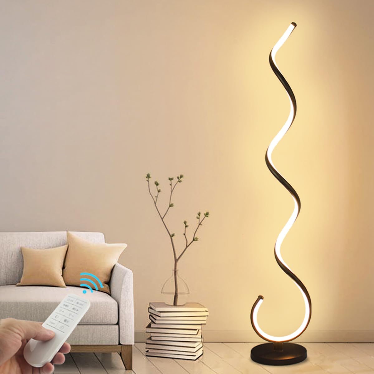 Modern Spiral LED Floor Lamp - 40W Dimmable Standing Light with Remote Control, Adjustable Color & Brightness for Living Room, Bedroom, Reading Corner | Black Contemporary Lighting for Home Decor & Relaxation