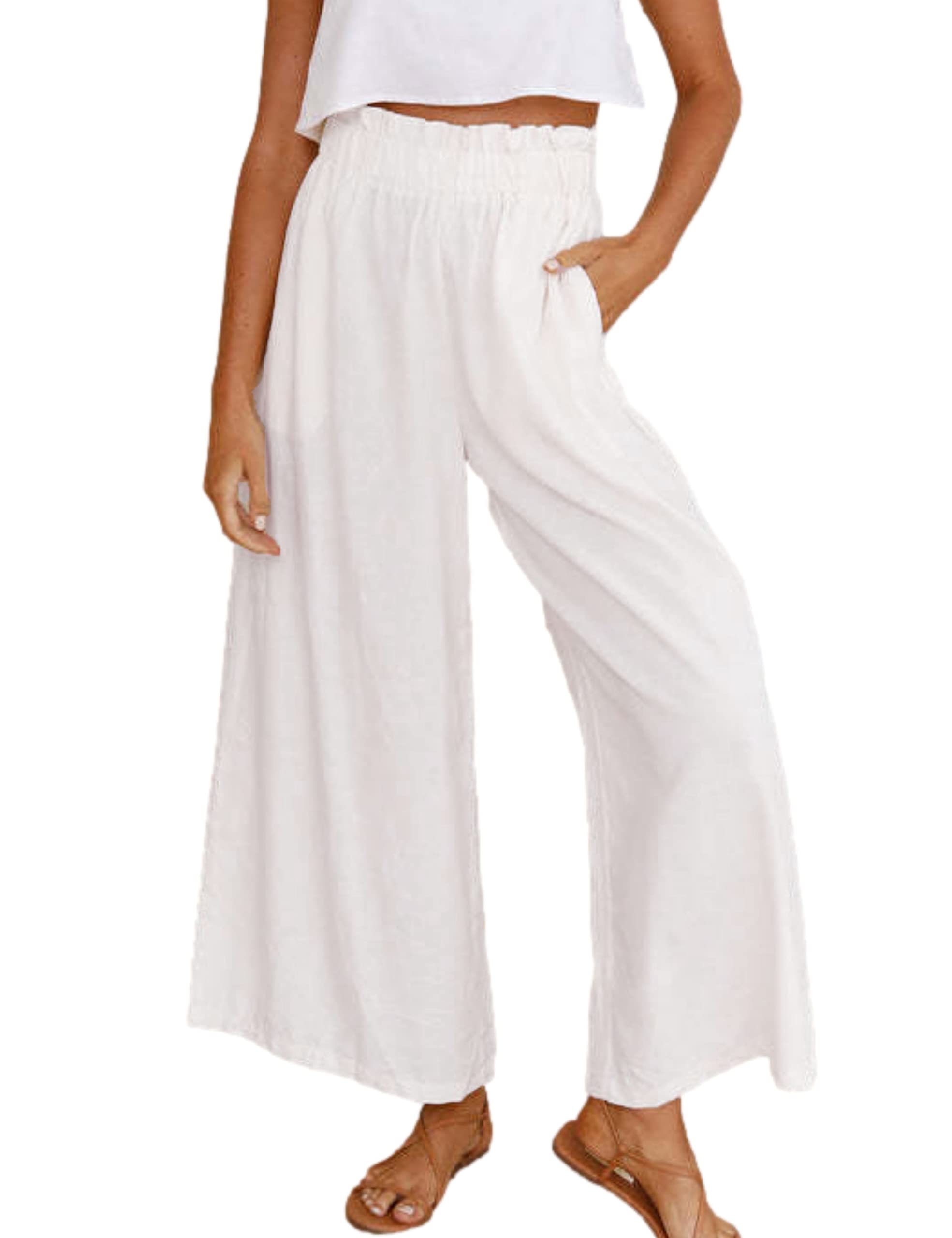 Bozanly Women's Linen Wide Leg Palazzo Pants - Elastic Waist Comfortable Culottes with Pockets | Casual Summer Beach Wear & Boho Chic Outfits