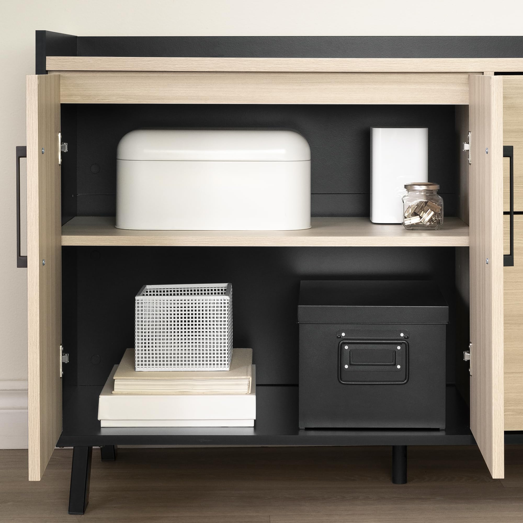 South Shore Kozack 2-Drawer Credenza with Doors in Soft Elm & Matte Black - Stylish Storage Solution for Home Office, Living Room or Bedroom