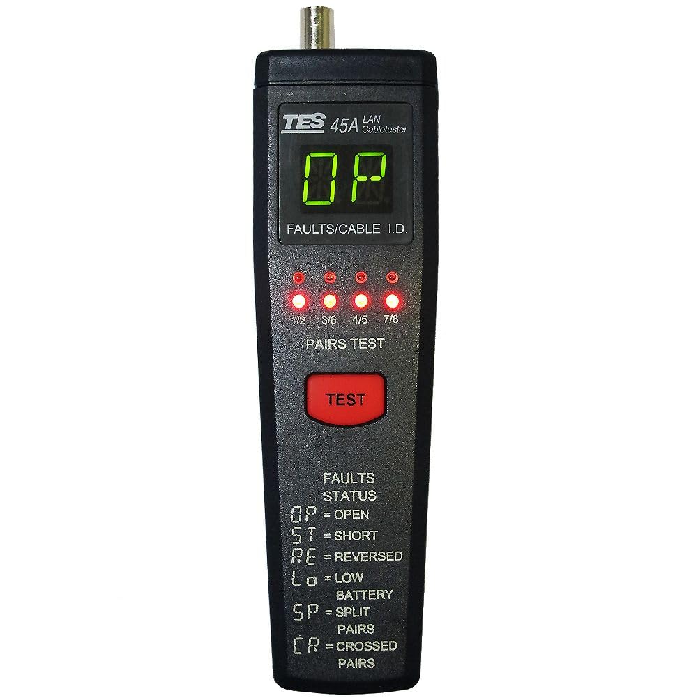 Professional TES 45A CAT-5 Ethernet Cable Tester - Network RJ45 LAN Wire Tester for Home, Office & Data Center Use - Quickly Diagnose Open, Short & Miswired Connections