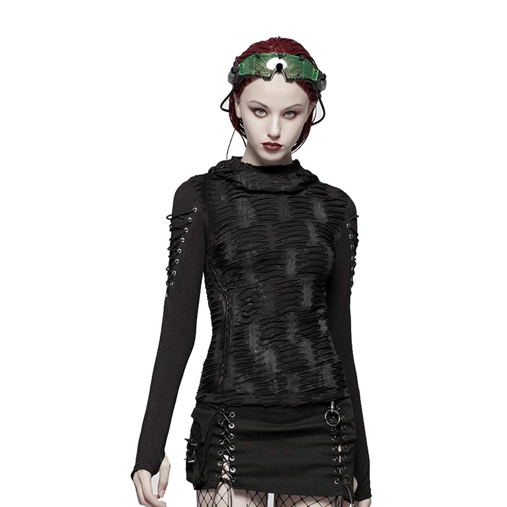 Punk Women's Ripped Hole Hooded Bandage Black T-Shirt - Gothic Dark Long Sleeve Top for Concerts, Halloween & Alternative Fashion
