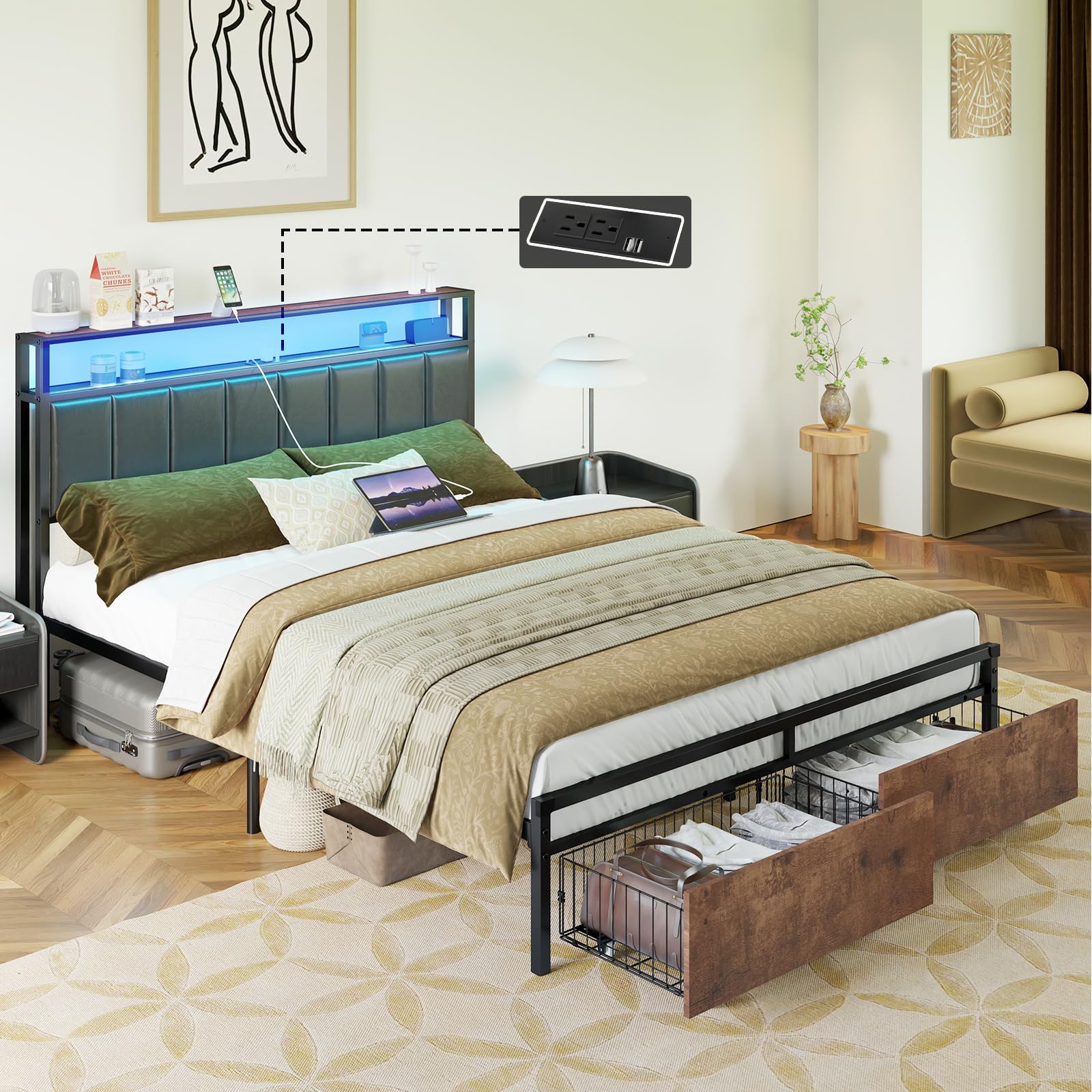 AMERLIFE LED Queen Size Bed Frame with 2-Tier Storage Drawers, Leather Upholstered Platform Bed with USB Charging Station Headboard - No Box Spring Needed, Easy Assembly, Noise Free, Rustic Brown - Perfect for Small Bedrooms, Guest Rooms & Modern Home Decor