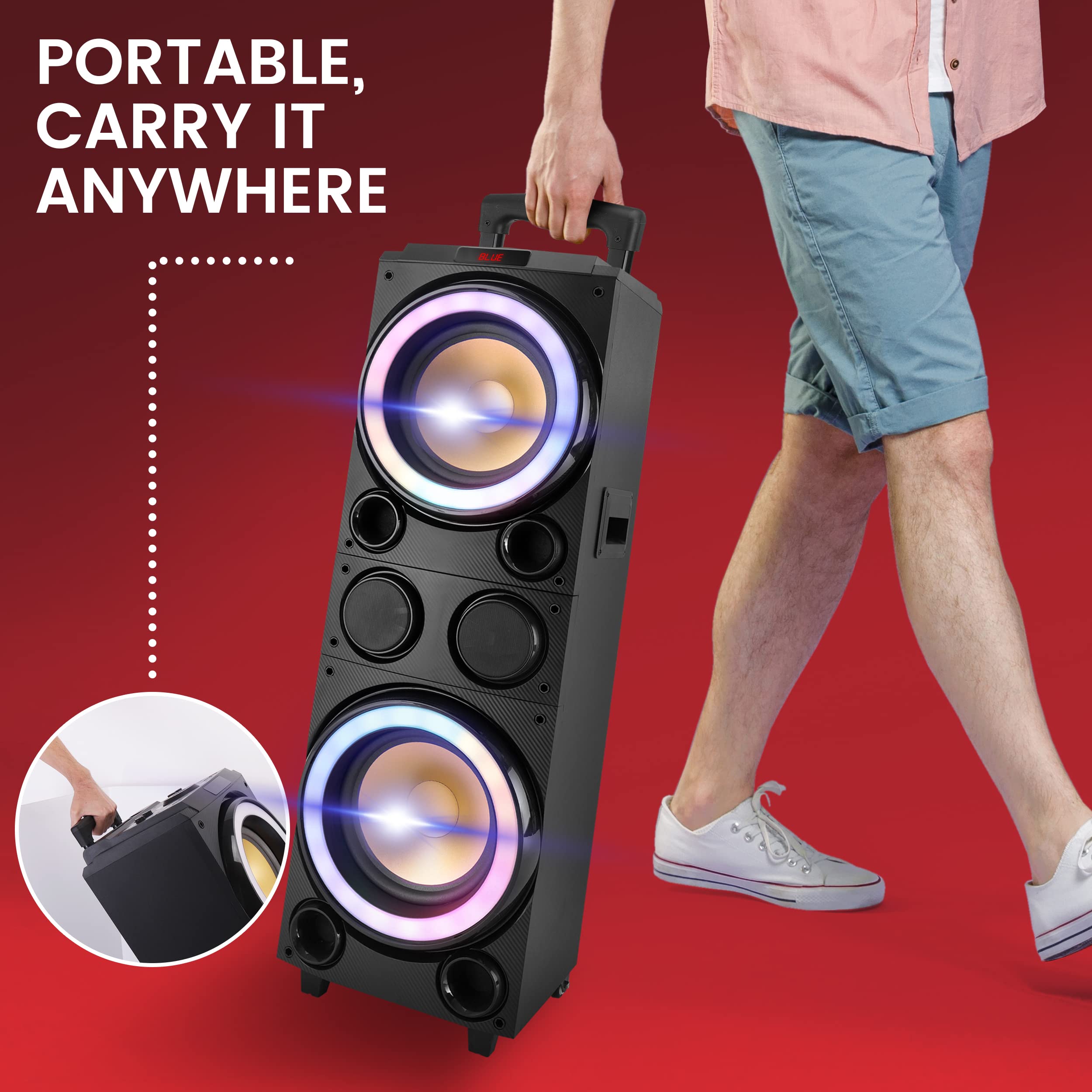 Pyle 10'' Portable Bluetooth Speaker with LED Lights - Wireless Karaoke Speaker System w/USB, Micro SD, FM, BT, Aux, Remote Control, Mic & Guitar Inputs, Built-in Rechargeable Battery, Wheels & Handle - Perfect for Parties, Outdoor Events & Home Entertainment