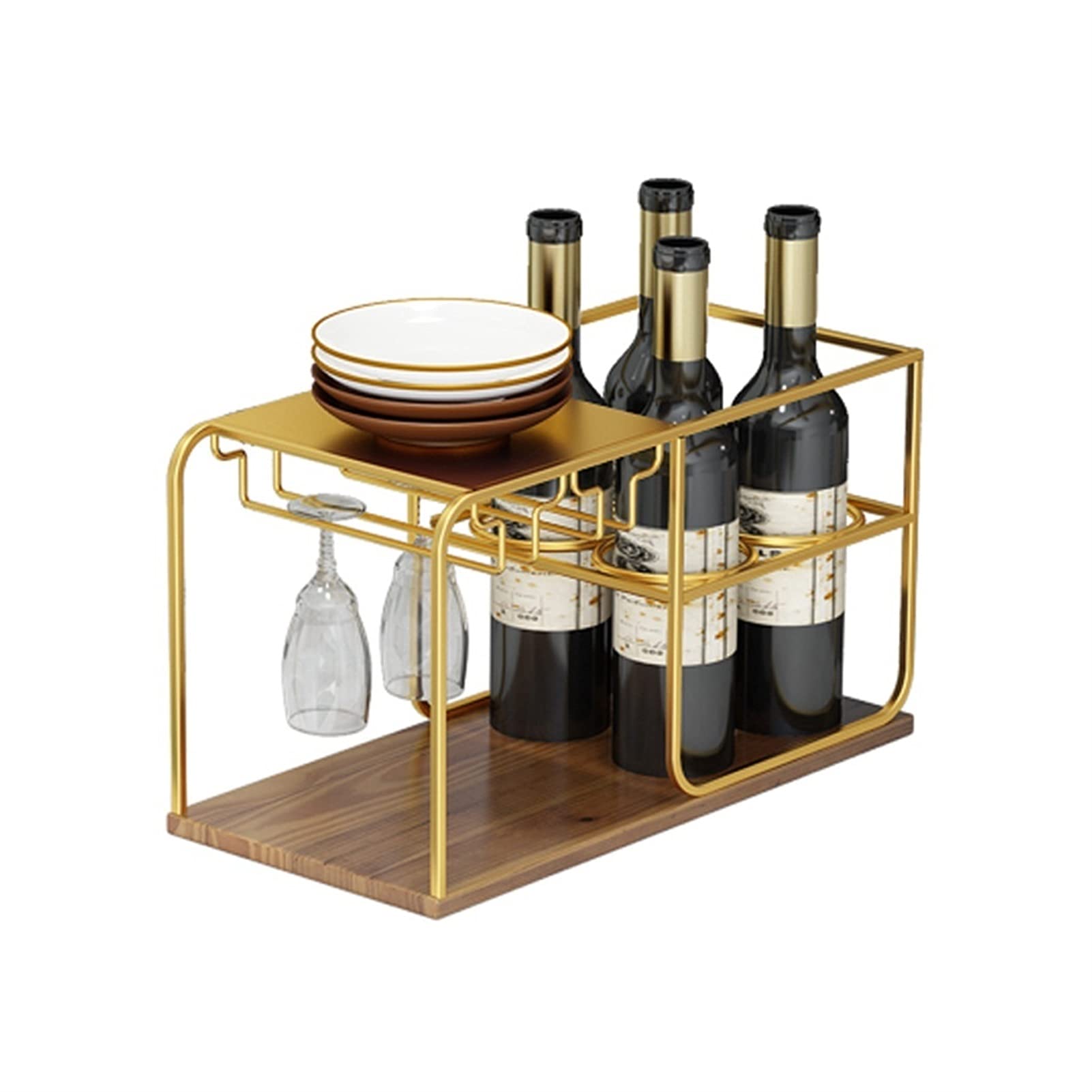 Premium Metal & Wood Countertop Wine Rack - Holds 4 Bottles with Long Handle Design (Gold) - Space-Saving Wine Storage Organizer for Kitchen, Bar, or Dining Room Decor
