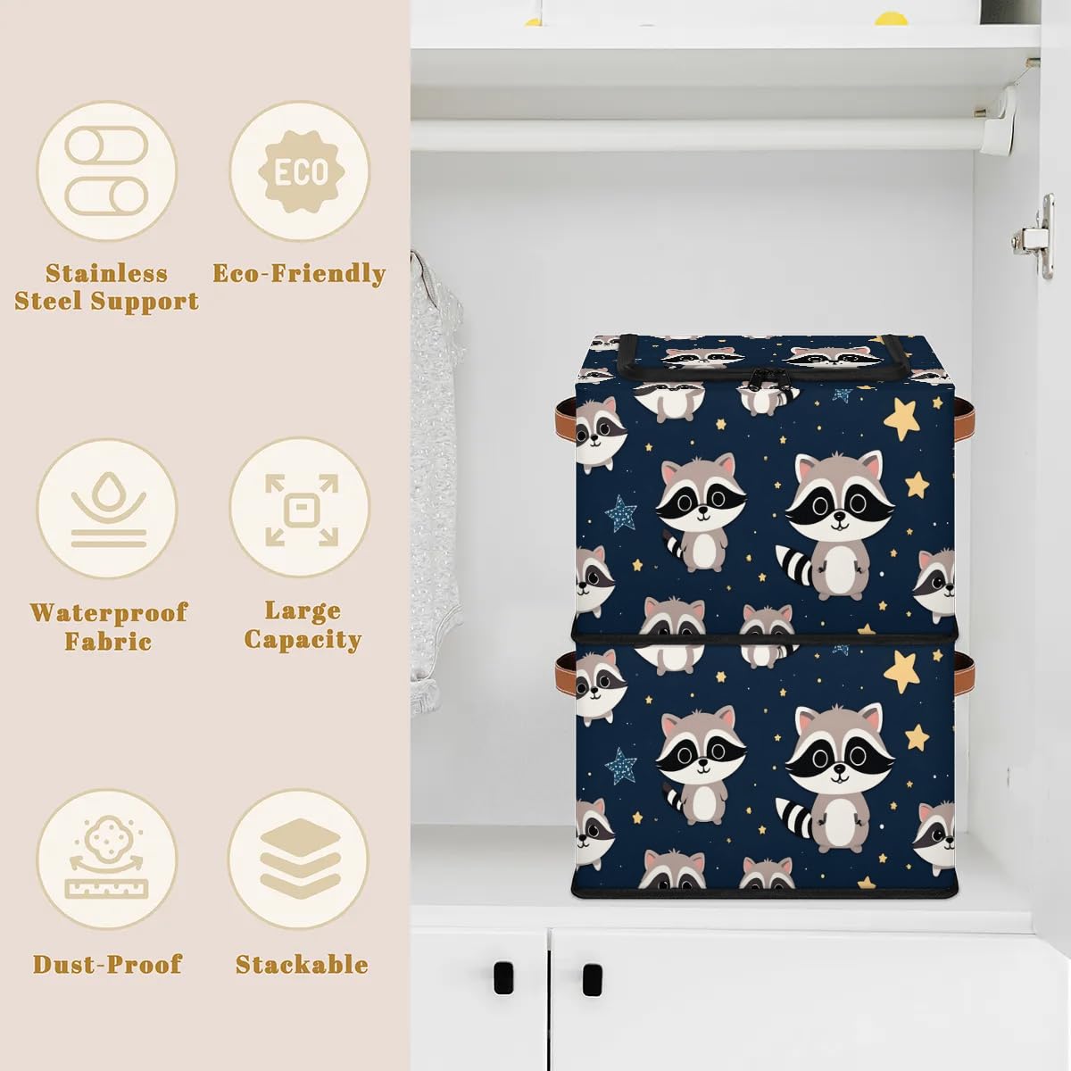 Cute Raccoon Fabric Storage Bins with Lid & Leather Handle - Foldable Washable Closet Organizer for Clothes, Toys, or Blankets (2-Pack) - Perfect for Bedroom, Nursery, or Office Organization