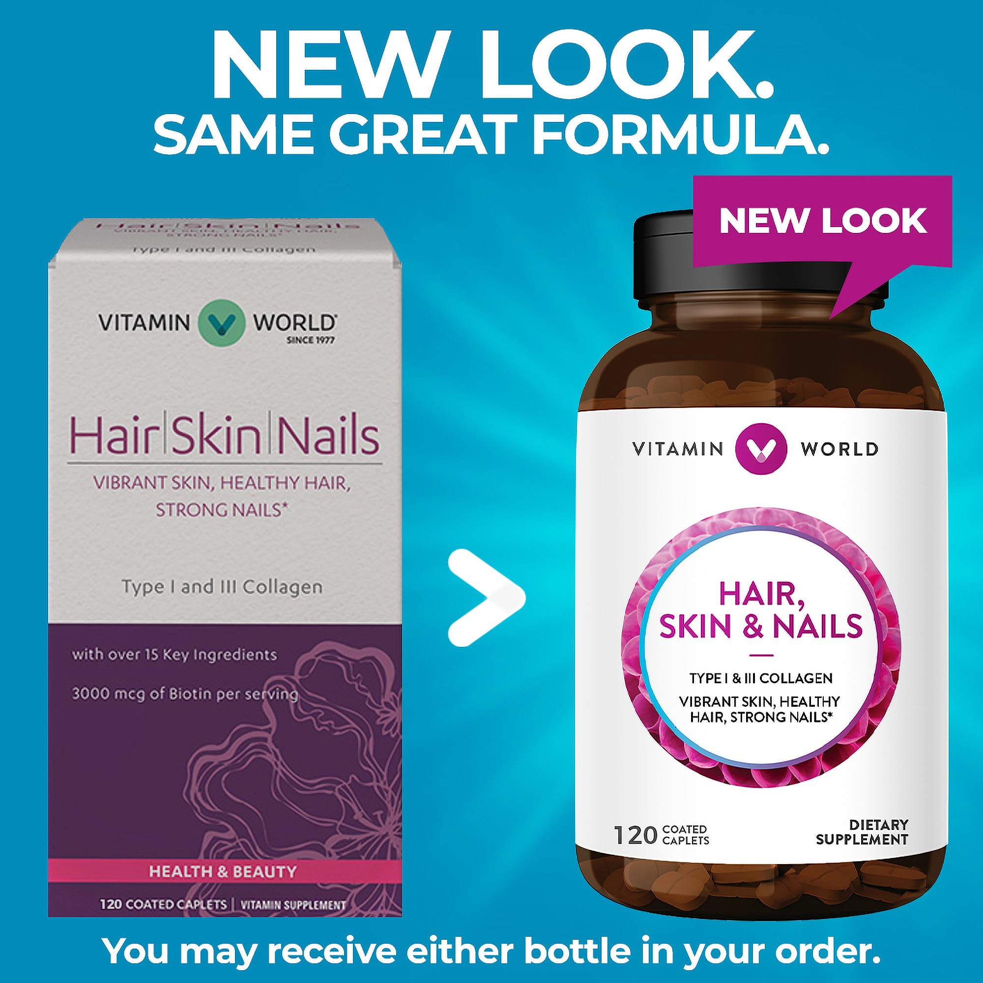 Vitamin World Hair, Skin & Nails Supplement with Biotin & Collagen - 120 Caplets for Stronger Hair Growth, Healthy Skin & Nail Care - Gluten Free Formula for Women & Men - Perfect for Daily Beauty Routine & Anti-Aging Support