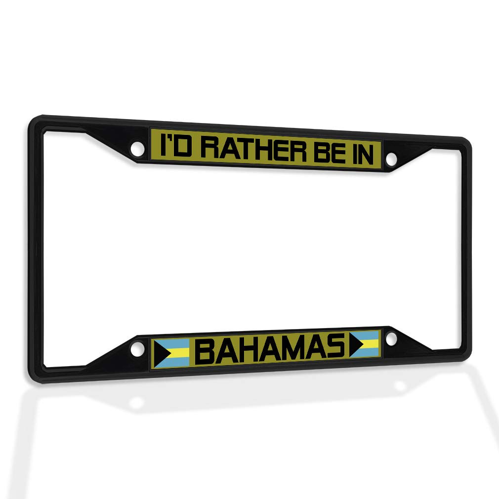 High-Quality Metal License Plate Frame - 'I'd Rather Be in Bahamas' Flag Design, Weatherproof & Durable Car Accessories (Black, 4 Holes, Solid Insert) - Perfect for Beach Lovers & Tropical-Themed Vehicles