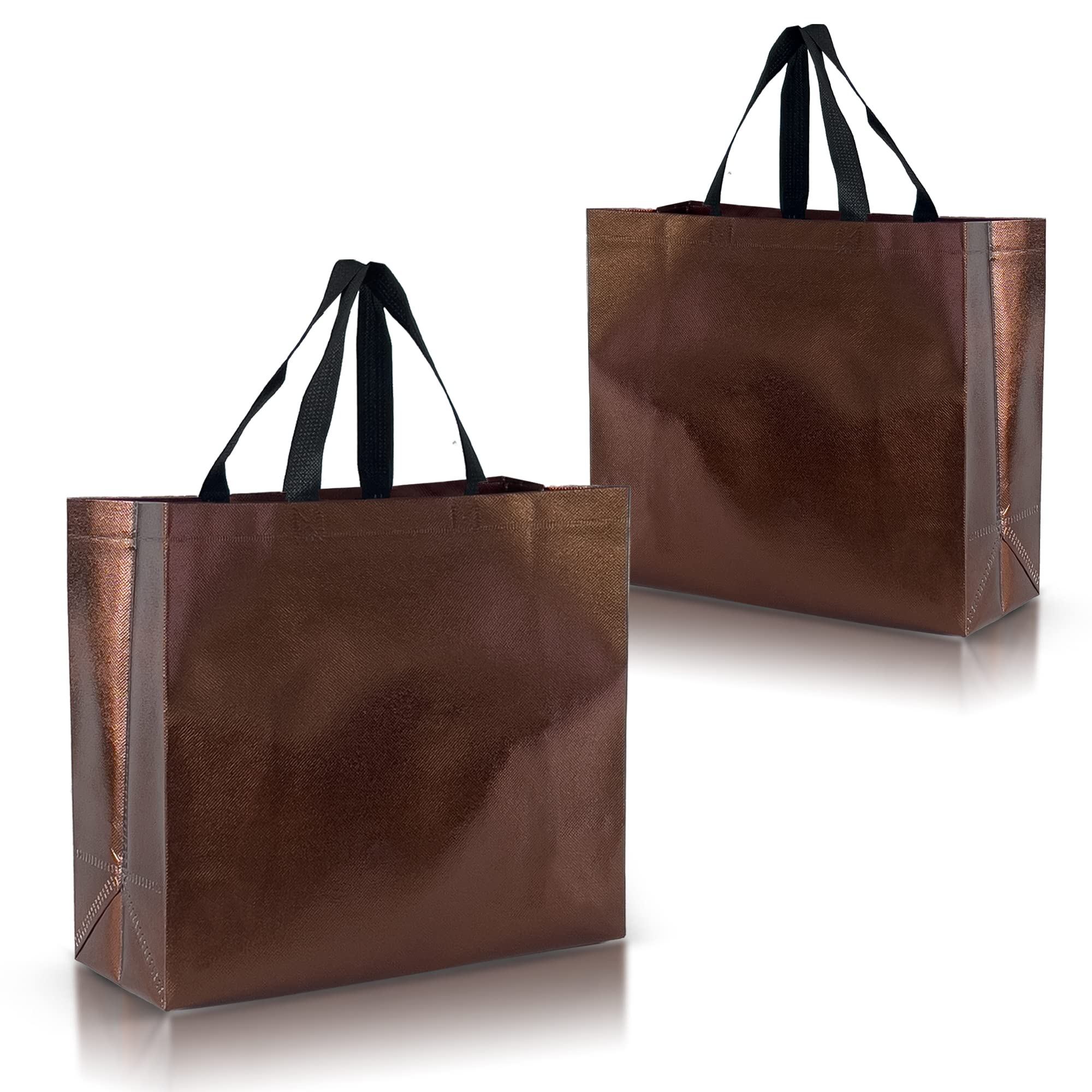 Nush Nush Large Chocolate Gift Bags - Set of 12 Reusable Shiny Brown Party Bags with Handles (11X5X13 Inches) - Perfect for Birthday Gifts, Party Favors, Goodie Bags & Holiday Treats