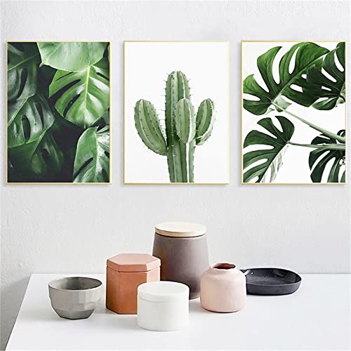Abstract Canvas Wall Art - Green Monstera & Cactus Leaves Poster - Frameless Nordic Style Home Decor (16x24 Inch) for Bedroom, Living Room & Office