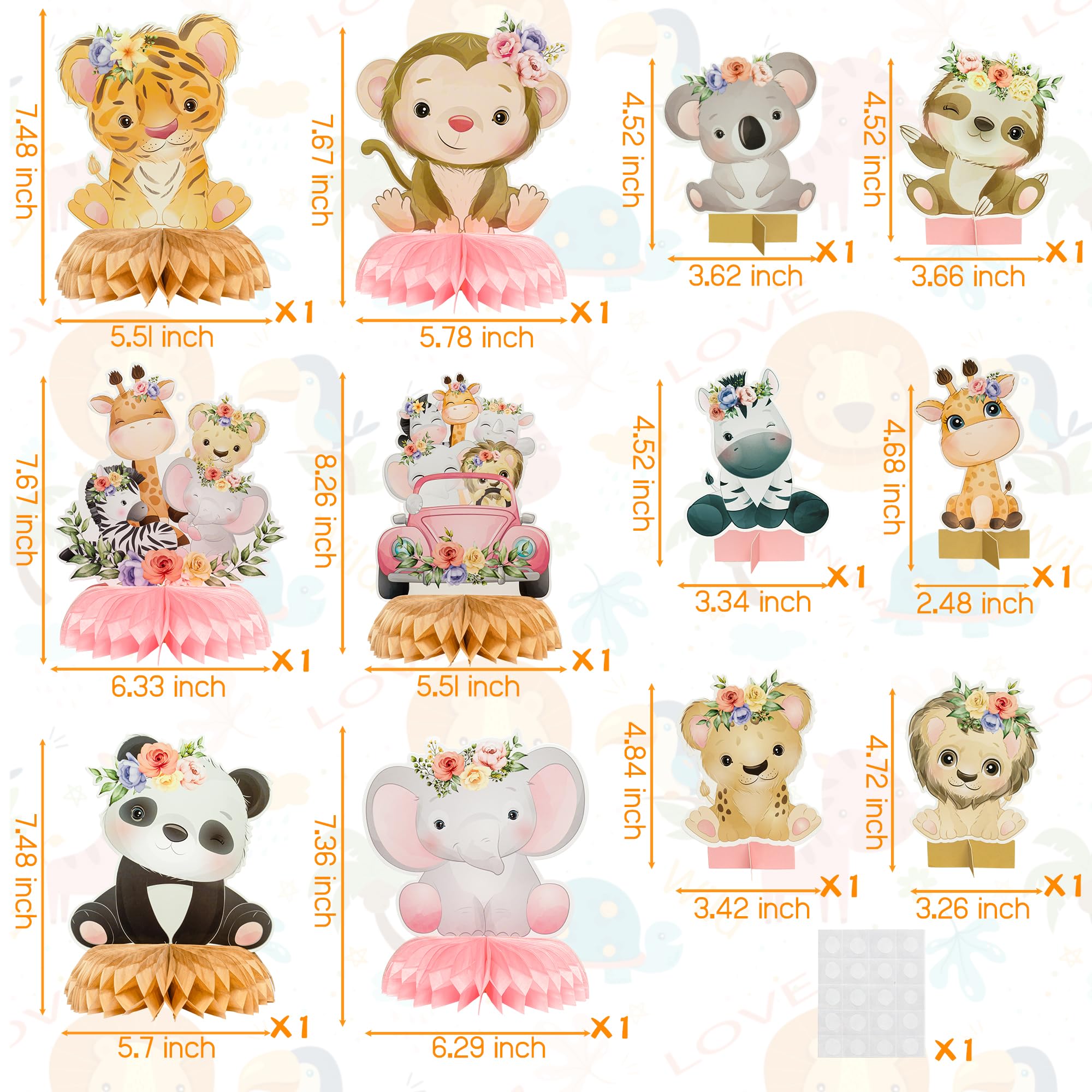 12Pcs Floral Safari Animal Honeycomb Centerpieces - Pink Jungle Baby Shower Decorations, Wild Animal Theme Party Table Toppers for Girls' Wild One Birthday - Perfect for Baby Showers, Birthday Parties & Photo Props