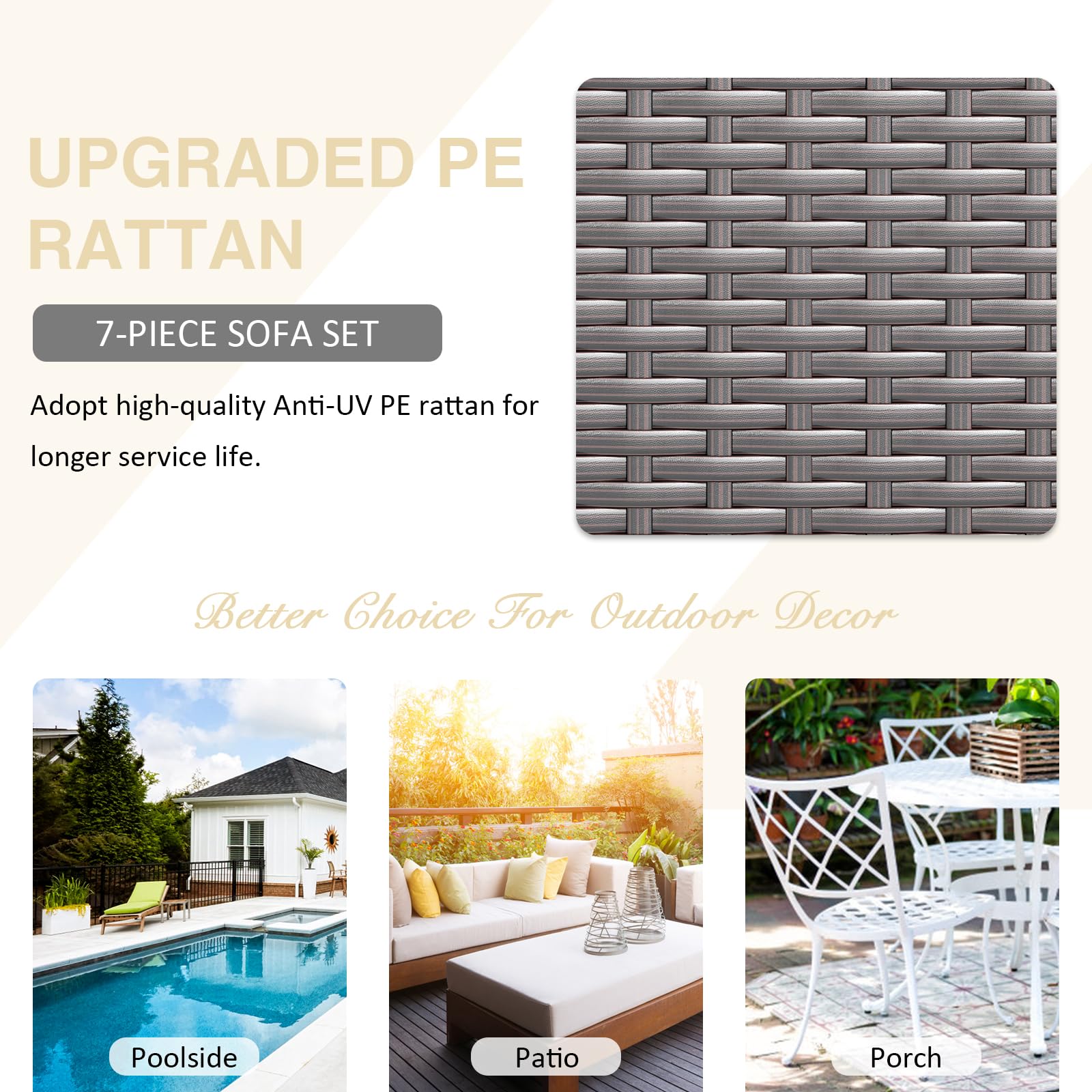 Premium Outdoor Patio Furniture Set - 7-Piece PE Rattan Wicker Sectional Sofa with Glass Coffee Table & Cushions for Porch, Balcony, Garden, Poolside (Khaki) | Perfect for Relaxing, Entertaining & Outdoor Living Spaces