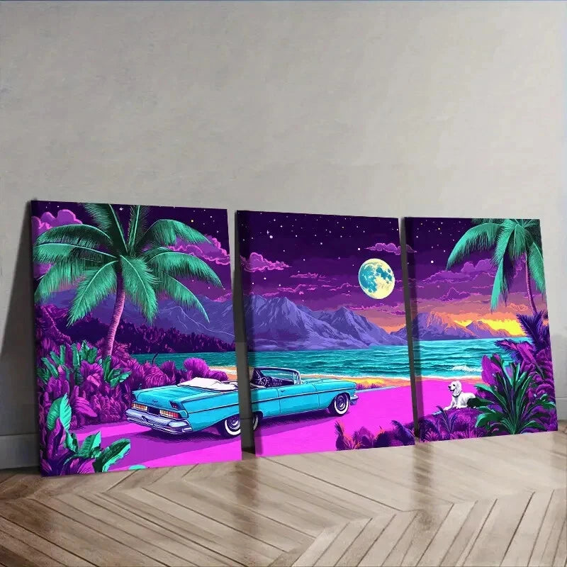 3-Piece Vibrant Tropical Miami Beach Wall Art Set - Framed Canvas 40x60cm (16x24in) - High Quality Print - 100% Australian Made - Ready to Hang - Perfect for Living Room, Bedroom & Beach House Decor