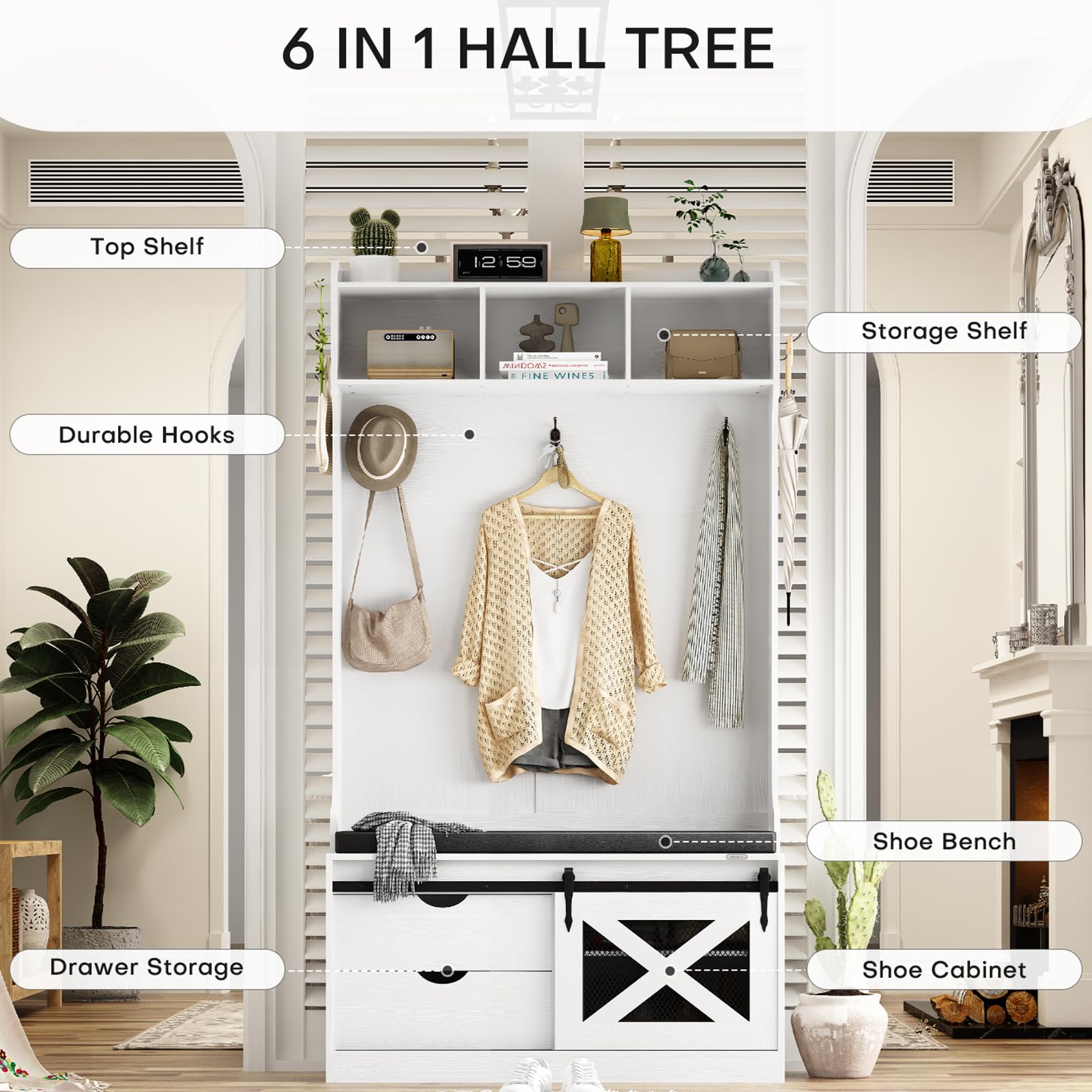 Redlife Hall Tree with Storage Bench - 6-in-1 Farmhouse Entryway Organizer with Coat Rack & Shoe Storage | Perfect for Hallway, Mudroom, Foyer & Home Entryway Organization