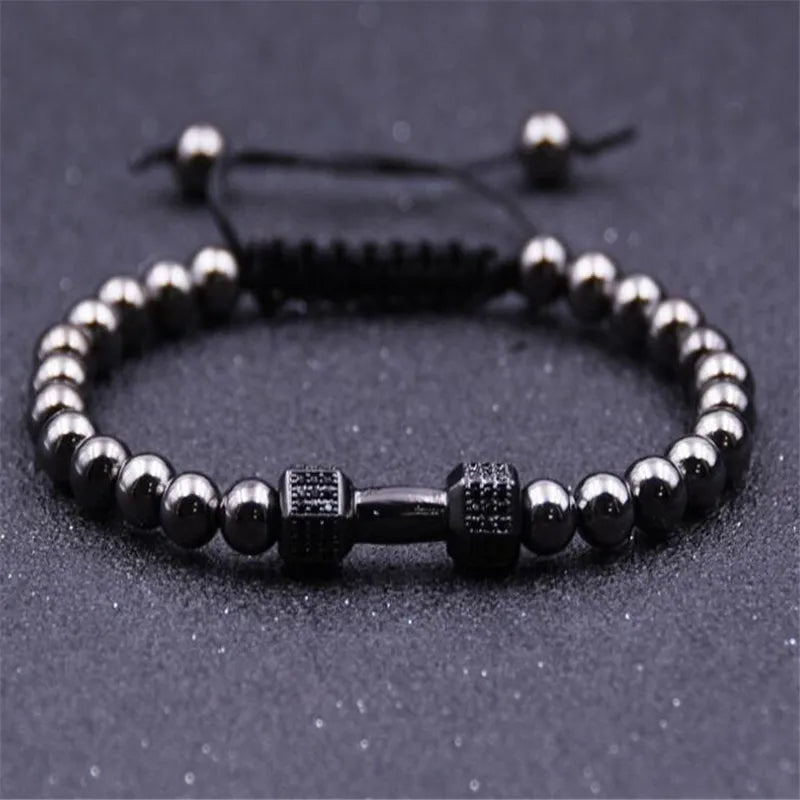 Black Hematite Beads Bracelet for Men - Fitness Prayer Dumbbell Bracelet with Macrame Barbell Design - Perfect for Workout, Meditation & Yoga Accessories