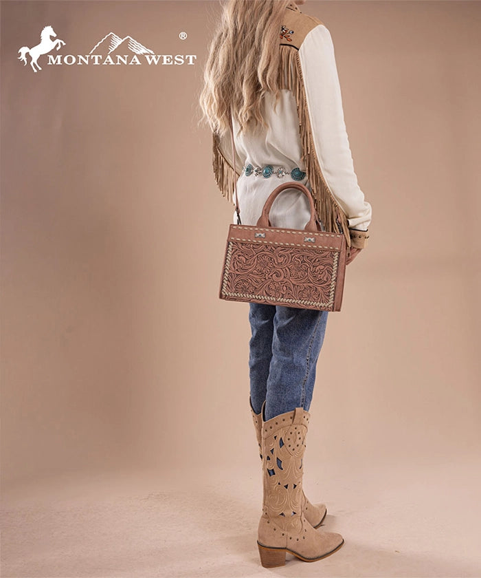 Montana West Floral Tooled Leather Tote Bag Set for Women - Stylish Handbag for Work, Travel & Everyday Use