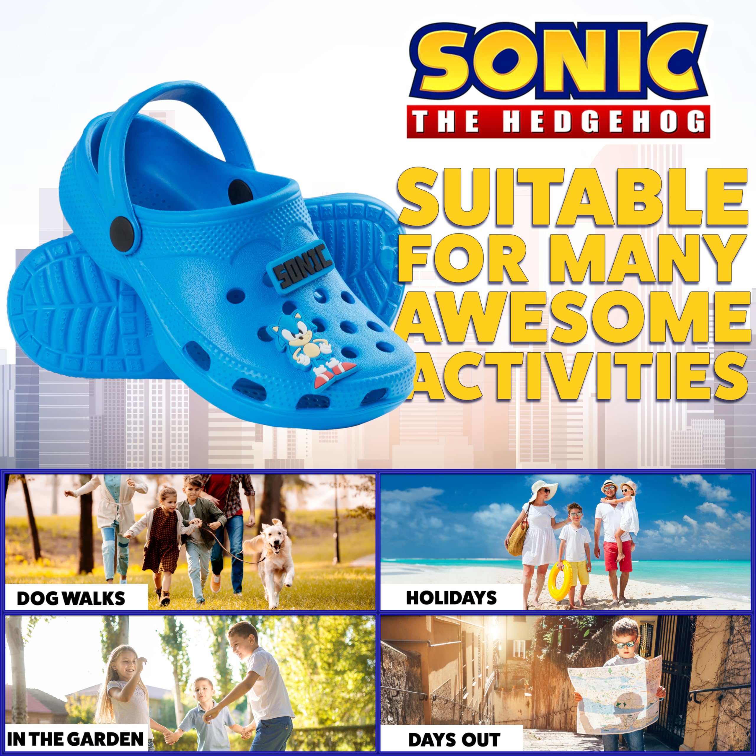 Sonic The Hedgehog Boys Clogs with Removable Rubber Charms - Comfortable Kids Slippers for Gamers - Perfect Gift for Birthday, Christmas & Gaming Enthusiasts