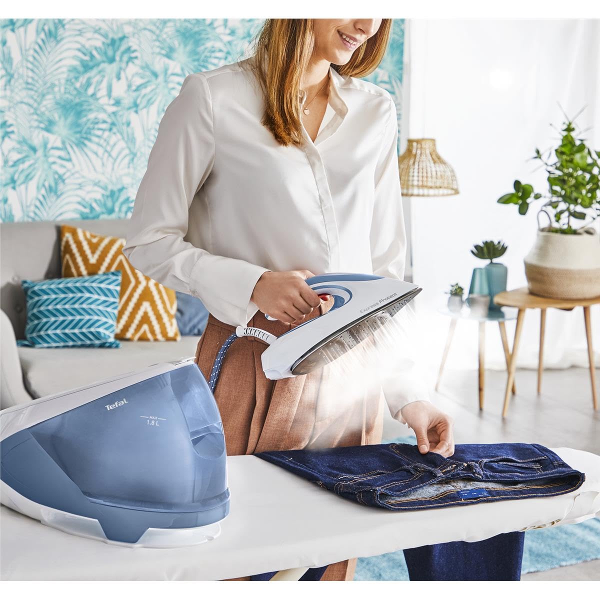 Tefal SV9202 Express Protect Steam Iron Station - Blue & White | Fast Heating, Anti-Calc, Self-Cleaning | Perfect for Home, Office & Travel Use