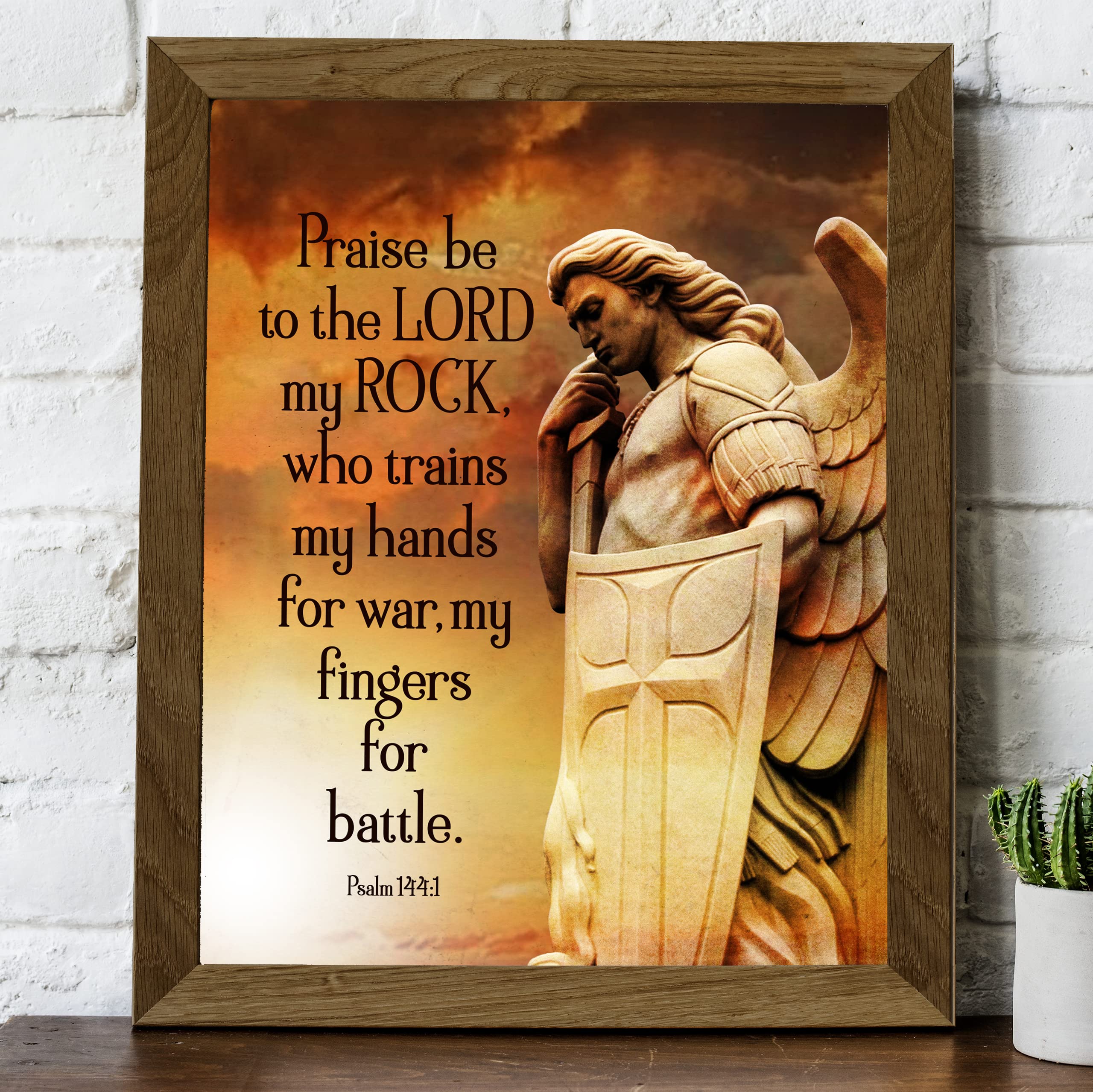 Praise Be To The Lord Spiritual Wall Art - Inspirational Angel Warrior Psalm 144:1 Bible Scripture Print - Unframed 8x10 - Perfect for Home, Office & Church Decor - Thoughtful Catholic Gift Idea - Enhance Your Prayer Space or Faith-Based Interior Design