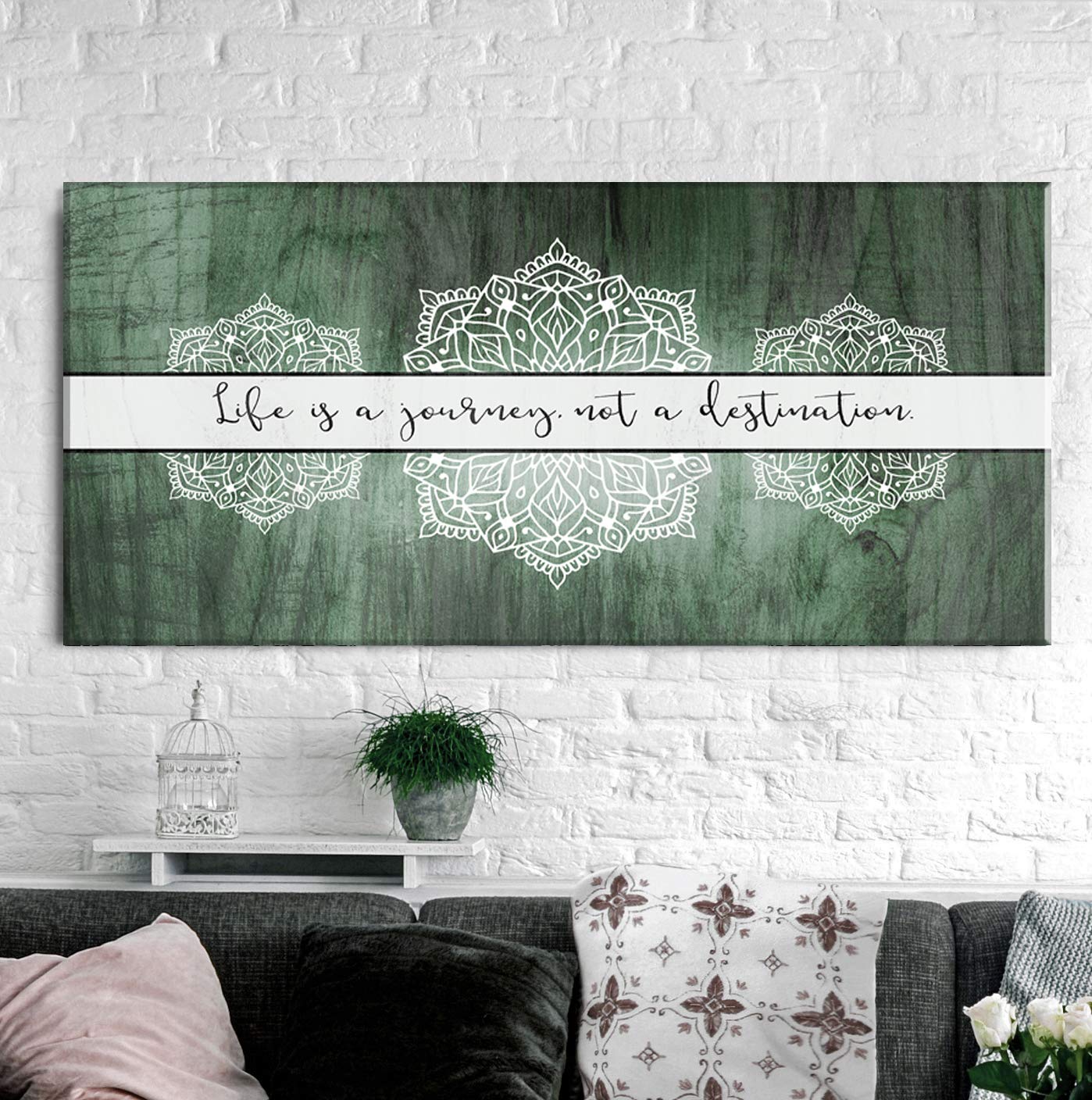 Boho Life Is A Journey Sign - Large Canvas Wall Art with Bohemian Floral Pattern - Modern Home Decor Framed Poster for Bedroom (Sage Green, 60x27) - Perfect for Bohemian Style Living Room, Bedroom & Office Decor