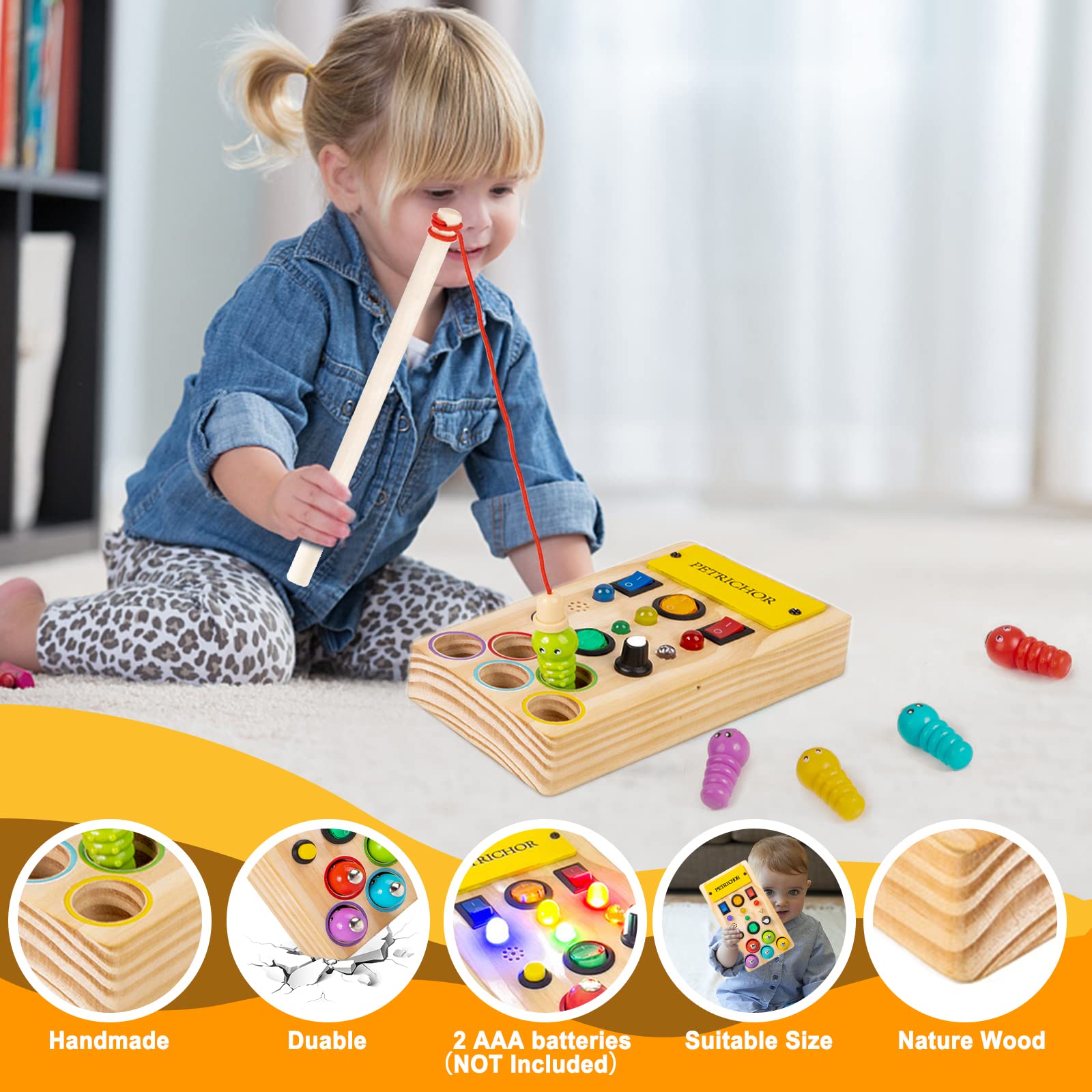 LED Light Busy Board - Montessori Sensory Toy with Toggle Switch, Fidget Toys for Toddlers, Fishing Game & Sound Knob - Handmade Wooden Travel Activity Board for 1 2 3 4 Year Old Boys & Girls - Perfect for Airplane, Car Rides & Quiet Playtime