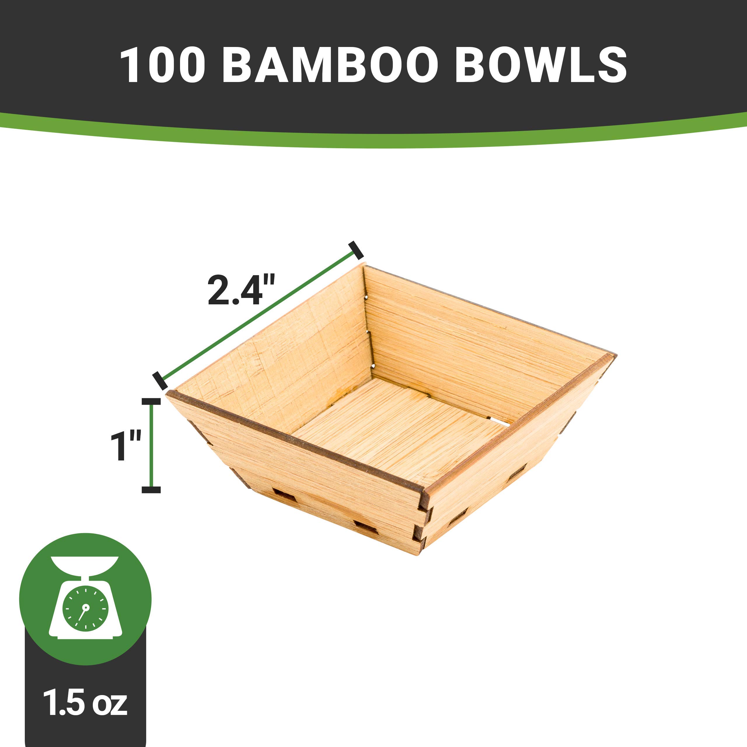 1.5 oz Square Mini Appetizer & Dessert Cups - 100-Pack Eco-Friendly Disposable Bamboo Tasting Bowls for Snacks, Samples, Catering & Party Plating