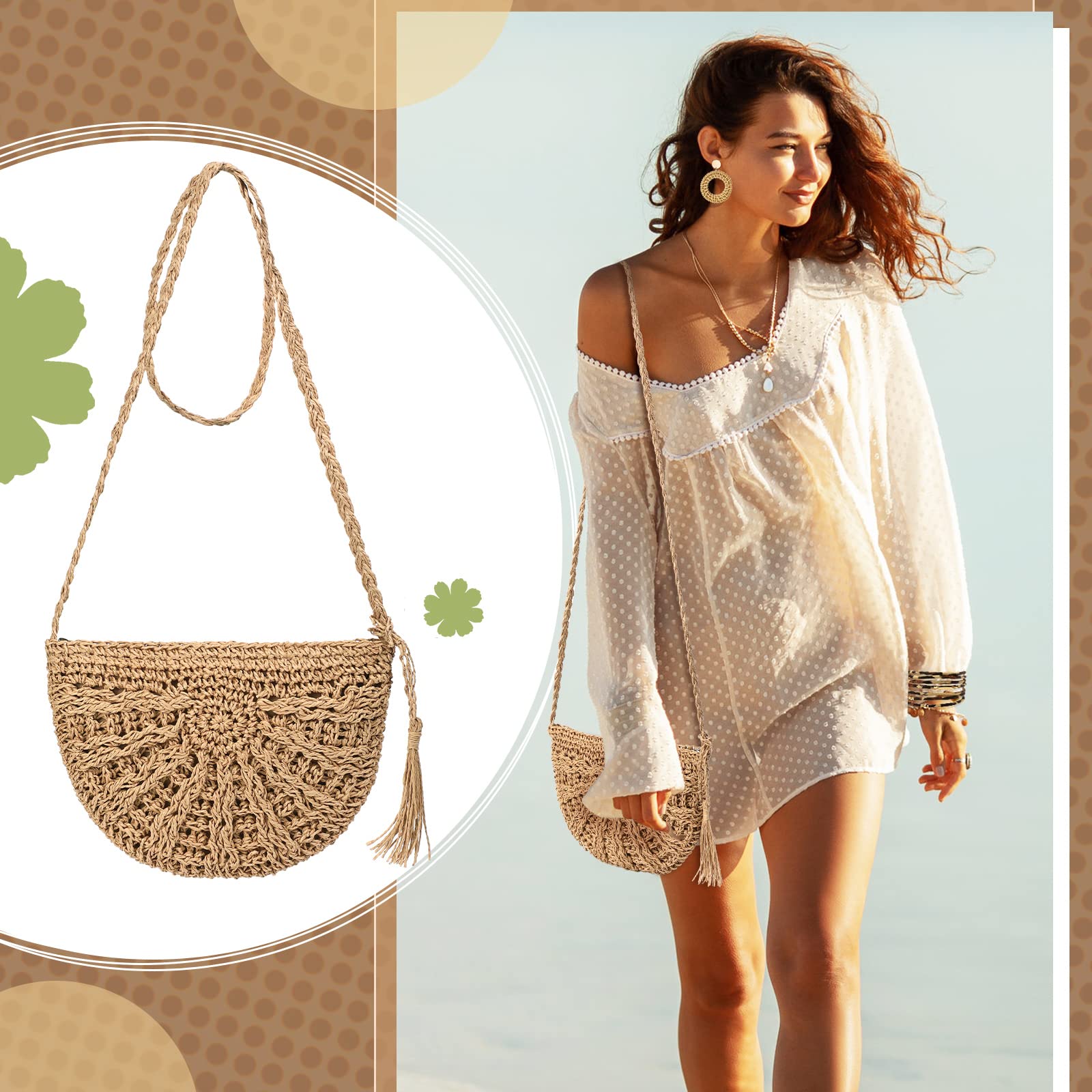 Boho Straw Shoulder Bag for Women - Crossbody Beach Purse Set with 4 Rattan Tropical Earrings & Leopard Bracelet | Vacation, Summer Outfits, Beach Accessories