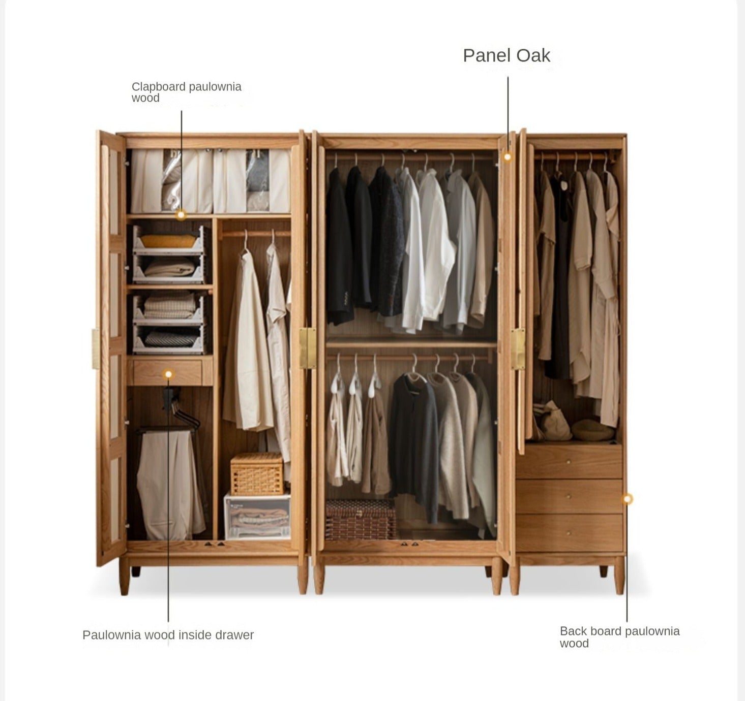 Solid Oak Wood Rattan Wardrobe - Stylish Storage for Bedroom, Living Room & Closet Organization