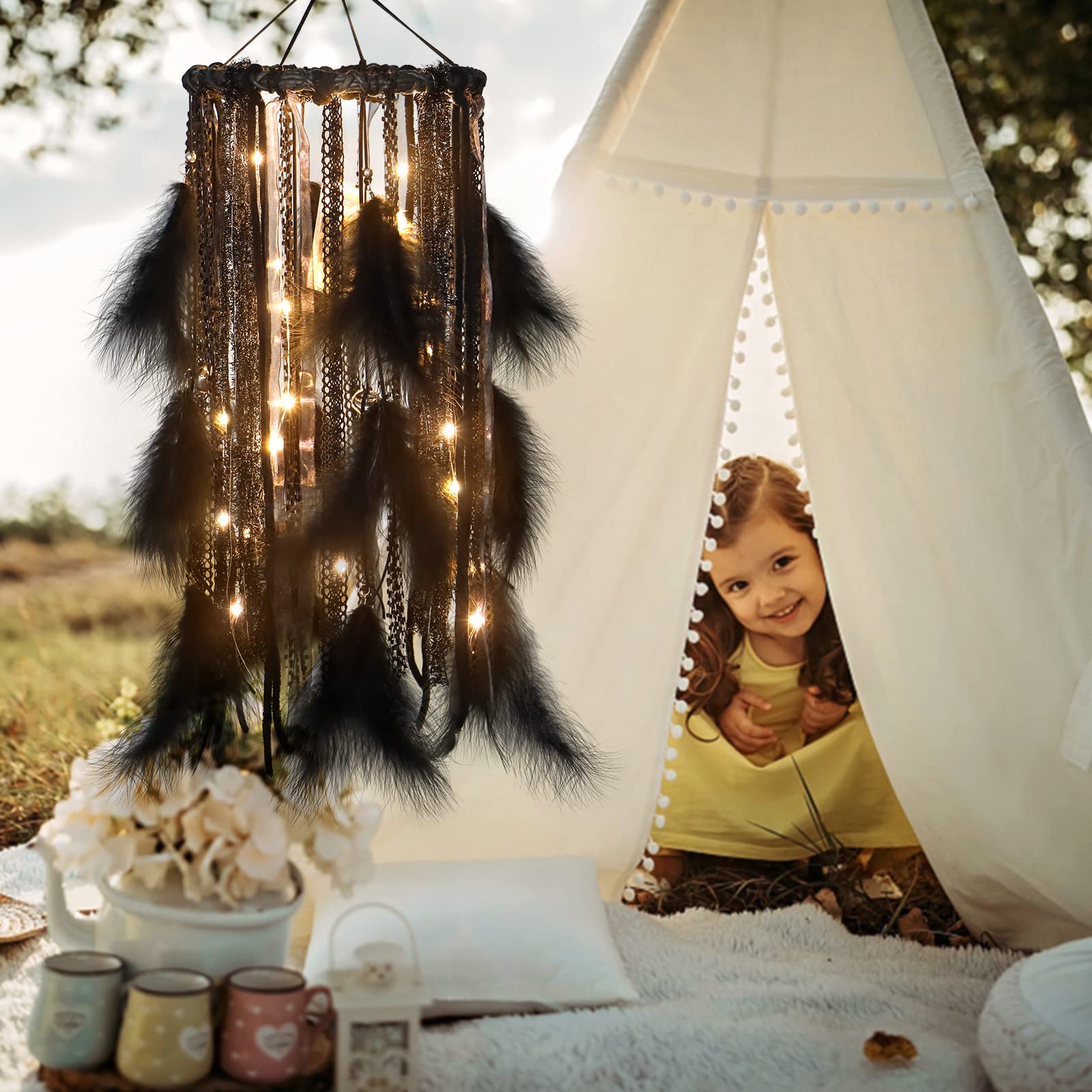 Large LED Light Up Dream Catcher with Black Shining Lace & Bells - 7.9