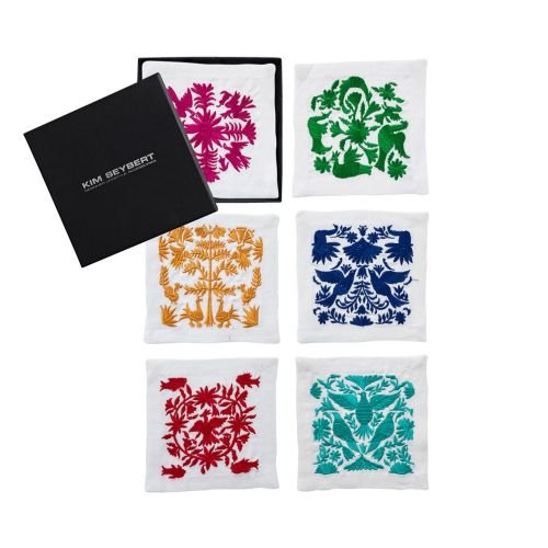 Kim Seybert Burma Set of 6 Otomi-Inspired Cocktail Napkins - Colorful Mexican Style Party Napkins for Cocktail Hour, Bridal Shower & Home Decor