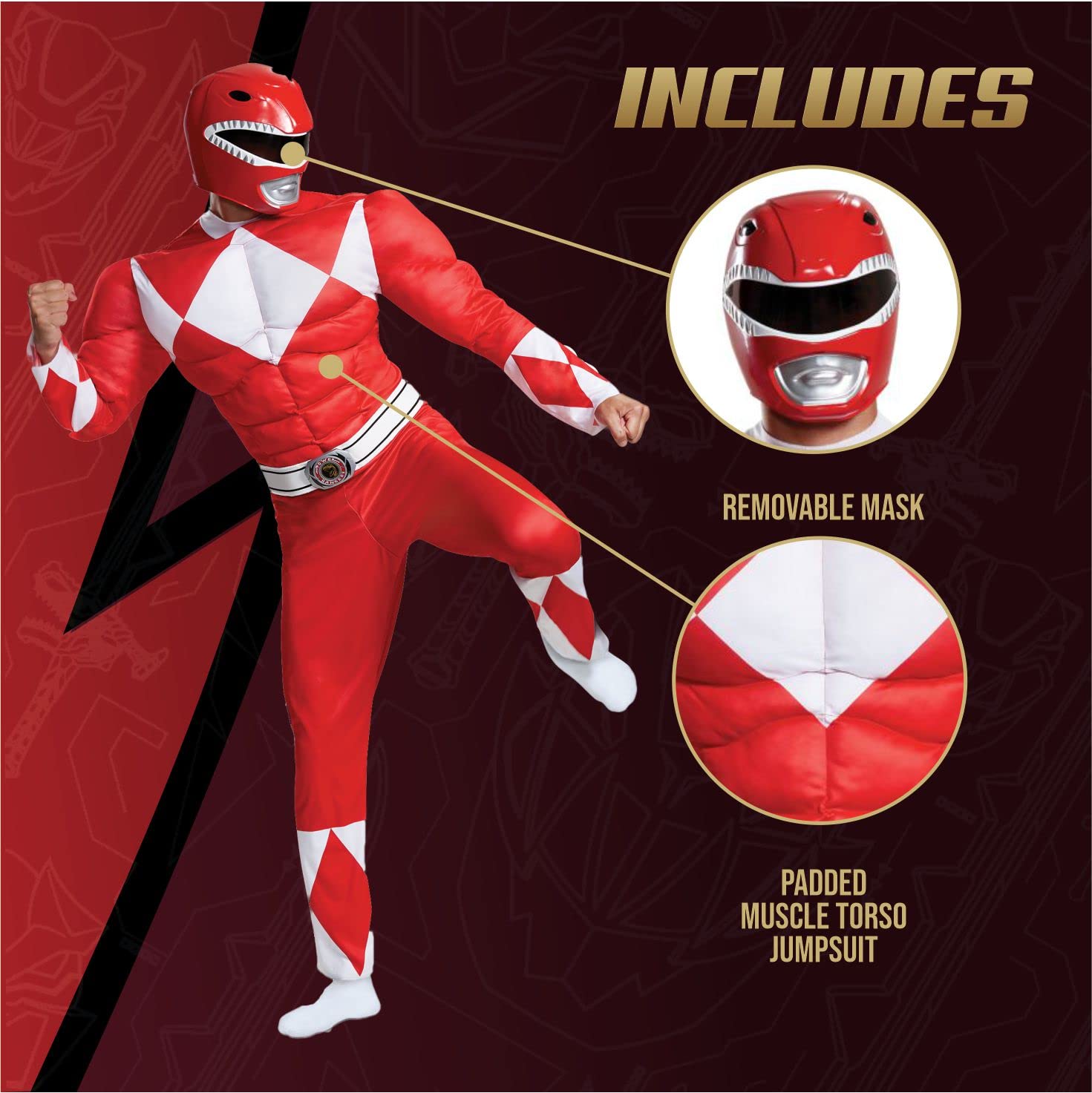 Red Ranger Classic Muscle Adult Costume for Men - Premium Superhero Halloween Cosplay Outfit | Perfect for Halloween Parties, Comic Con & Cosplay Events