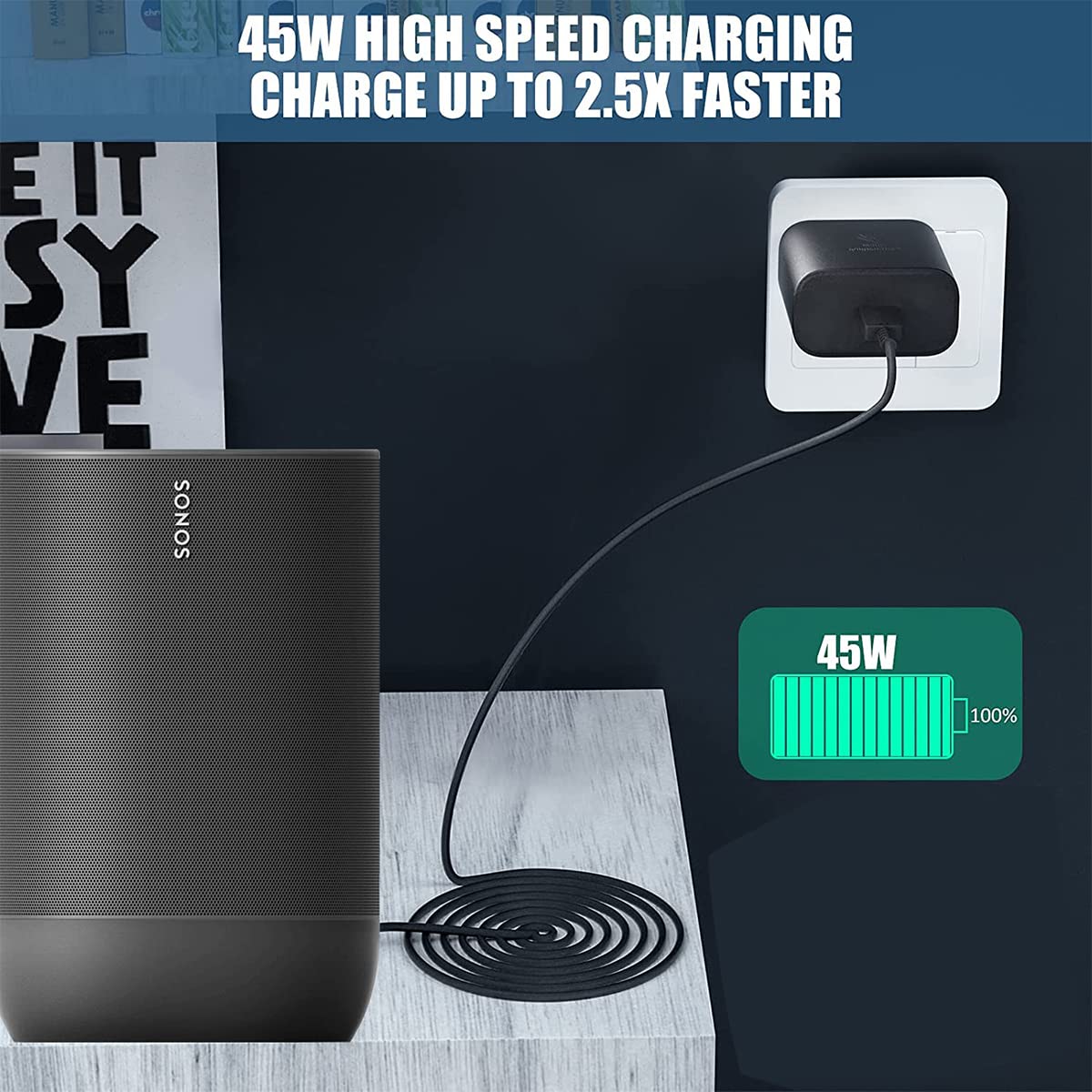 45W USB-C Fast Wall Charger for Sonos Move Bluetooth Speaker | Travel Power Adapter with 6.5Ft Cable | Perfect for Home, Office & On-the-Go Charging
