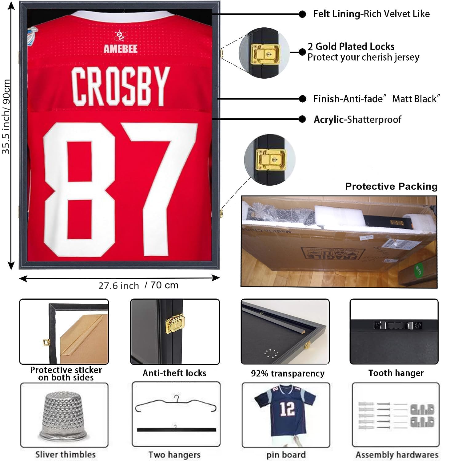 Amebee Extra Large Lockable Jersey Display Frame - UV Protected Shadow Box with Hanger for Baseball, Basketball, Football, Hockey Jerseys & Memorabilia (Black) - Perfect for Sports Fan Cave, Man Cave, and Trophy Room Decor