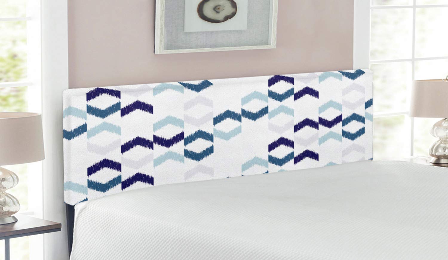 Ambesonne Navy Blue Upholstered Queen Size Headboard with Memory Foam - Abstract Ikat Chevron Zigzag Folk Pattern in Purple Slate Blue White - Decorative Metal Bed Frame for Modern & Traditional Bedrooms