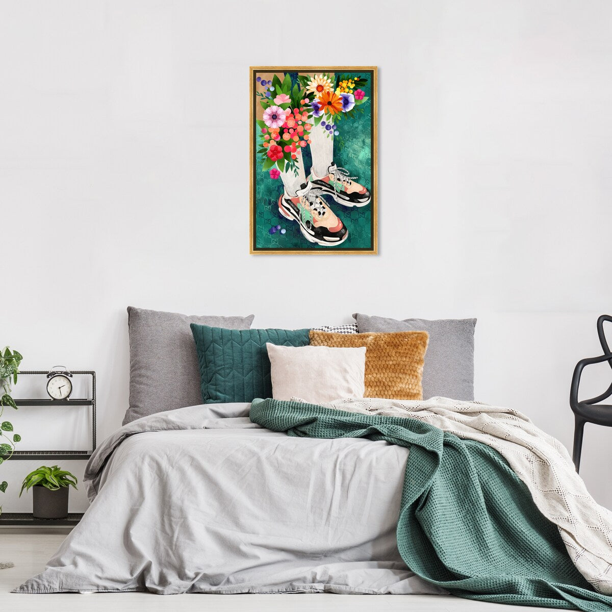 Stylish Floral Sneakers & Socks Set with Modern Green Framed Canvas Wall Art - Perfect for Bedroom Decor and Fashion Outfits | Home & Fashion Combo