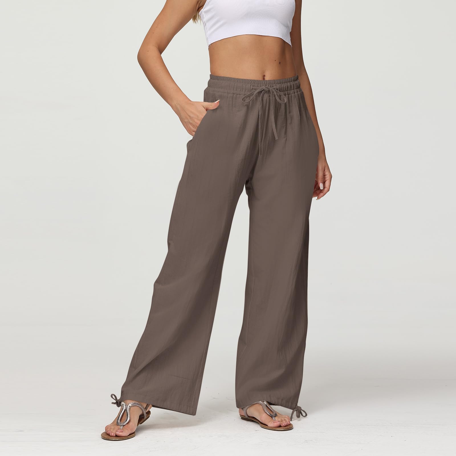 Women's Cotton Linen Palazzo Pants - Summer Loose Drawstring Waist Wide Leg Casual Trousers with Pockets | Perfect for Beach, Yoga & Boho Outfits