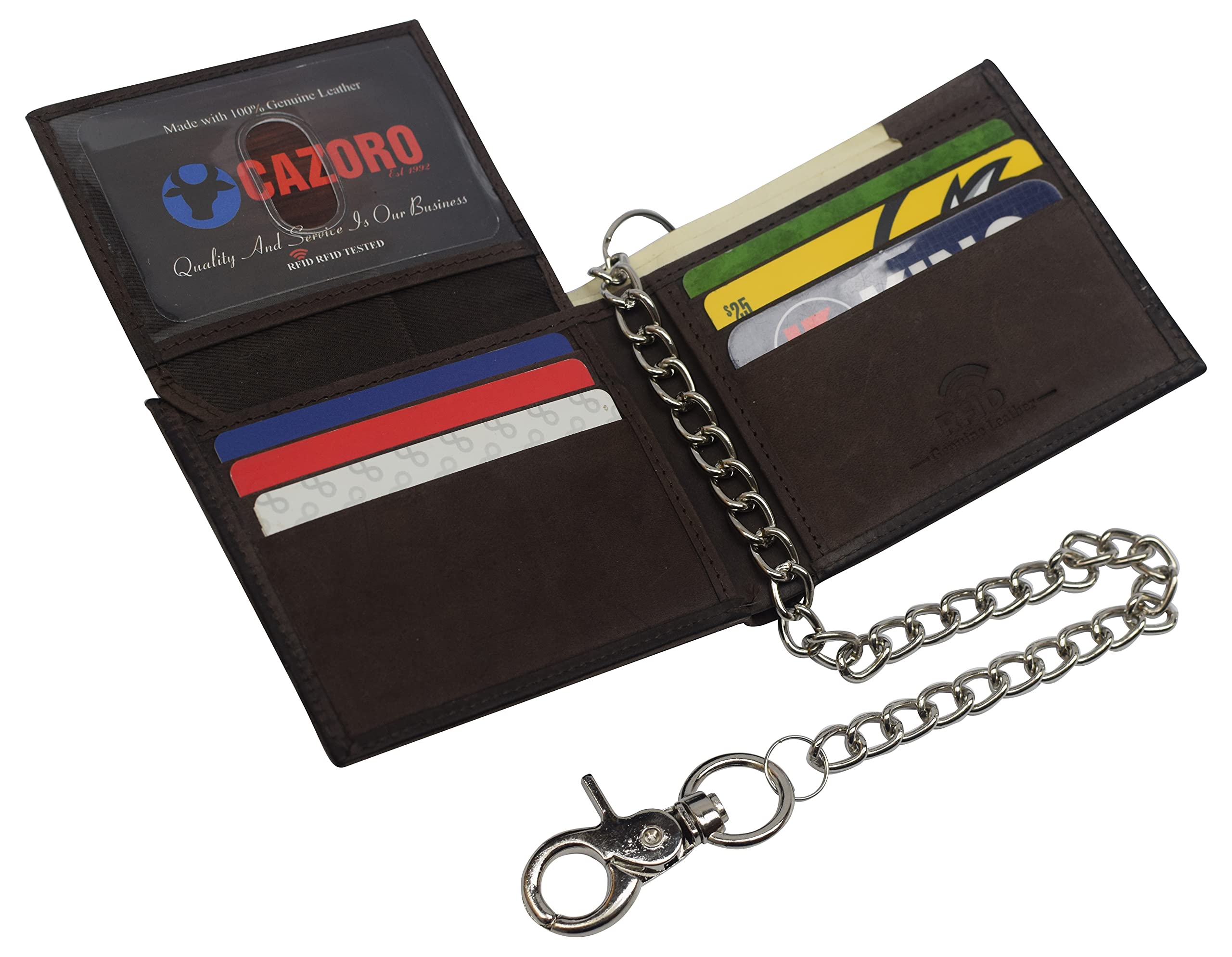Genuine Leather RFID Blocking Biker Wallet for Men - Chain Bifold Flap Up ID Holder (Brown) - Perfect for Motorcycle Riders & Everyday Carry