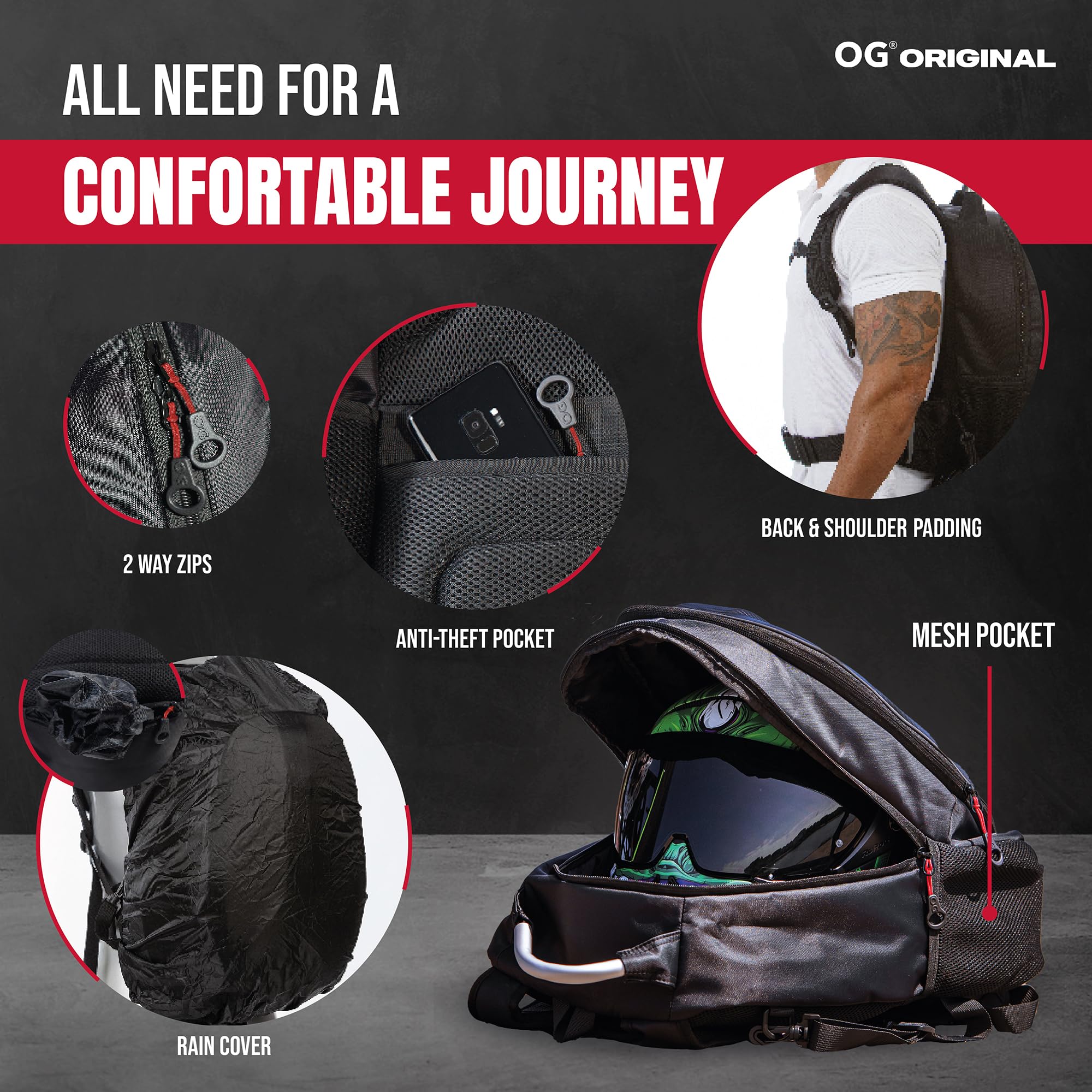 OG Original GetAway Waterproof Motorcycle Backpack for Men - 35L-45L Expandable Hard Shell Helmet Bag with Anti-Theft, Reflective & USB Port - Perfect for Commuting, Road Trips & Adventure Riding