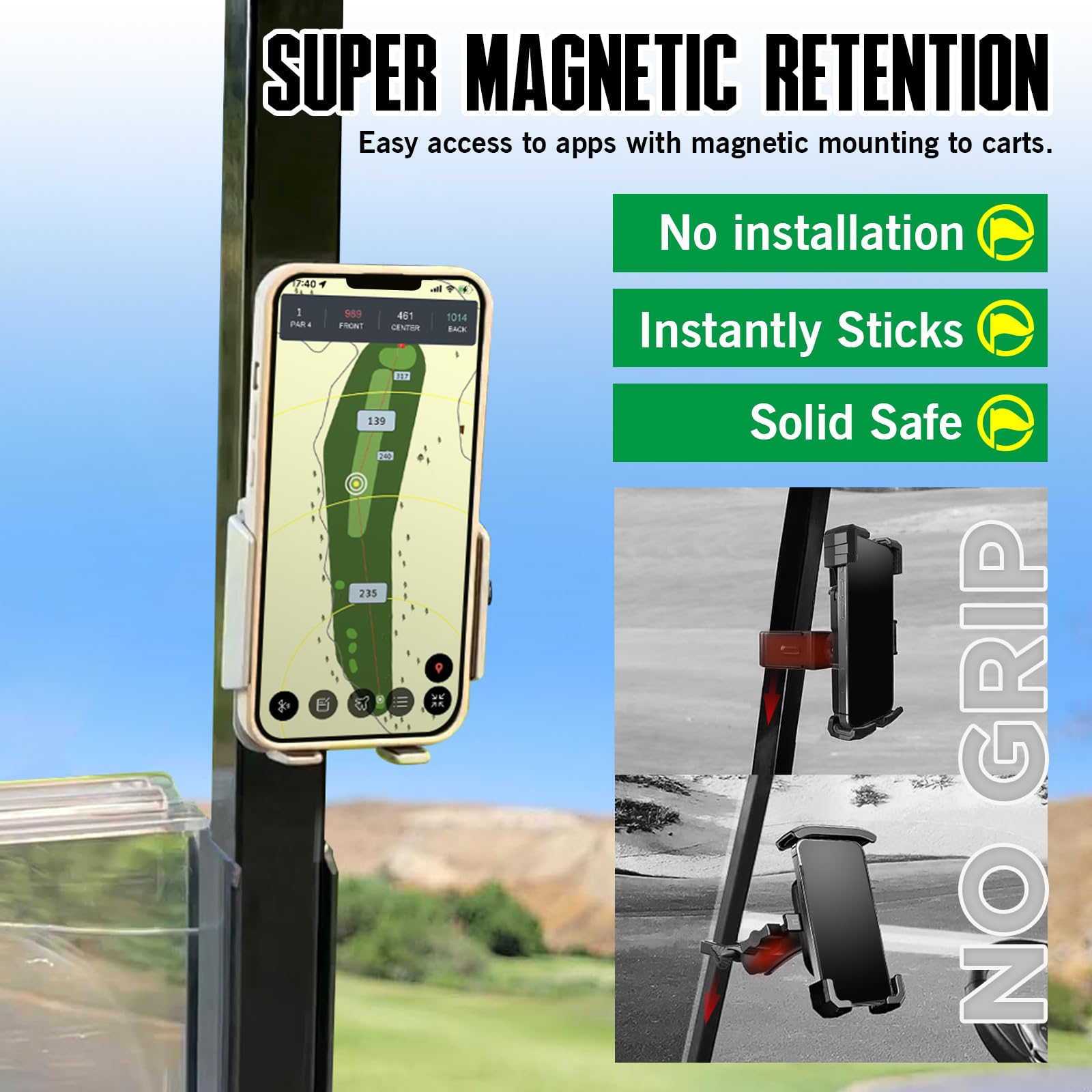 Dprofy Strong Magnetic Golf Cart Phone Holder - Universal Smartphone Mount for iPhone, Samsung & More - Compatible with Thick Cases & Ring Holders (Grey) | Perfect for Golfing, Driving & Outdoor Activities