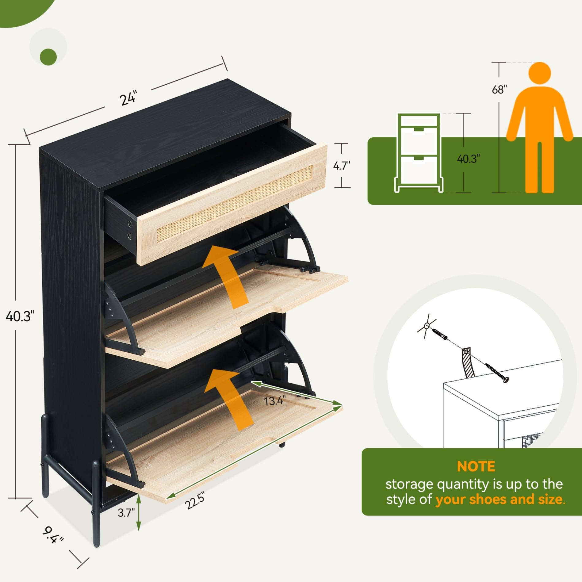 IDEALHOUSE Natural Rattan 2-Door Flip Shoe Cabinet with Drawer - 3-Tier Adjustable Shelf Shoe Storage Organizer for Entryway, Hallway & Closet - Modern Freestanding Shoe Rack for Home & Office Organization