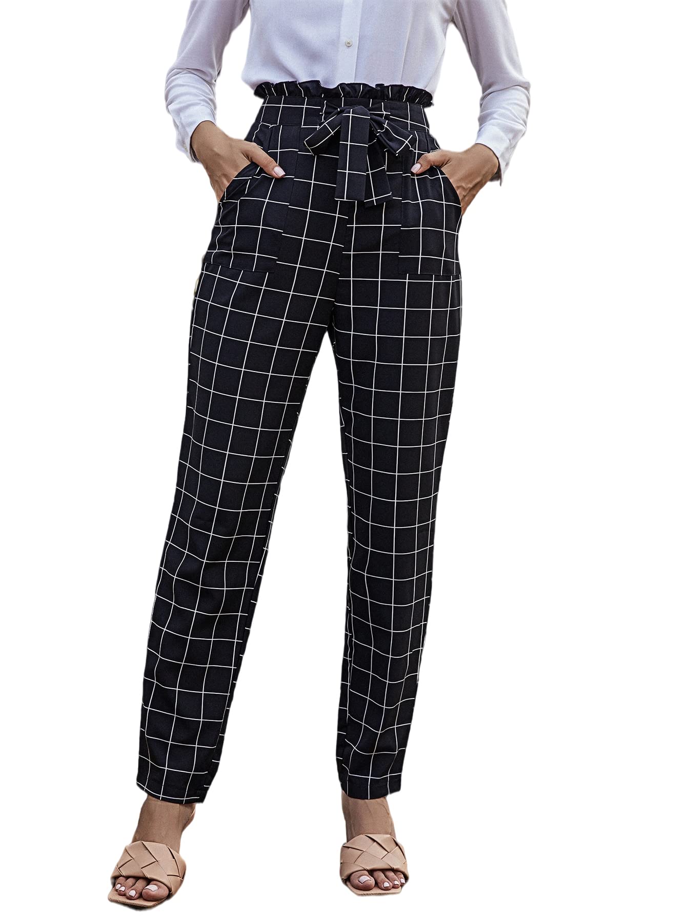 Milumia Women's High Waisted Paperbag Pants - Plaid Skinny Trousers with Elastic Waistband & Belt Loops, Side Pockets | Office Wear, Casual Outfits, Party Pants for Women