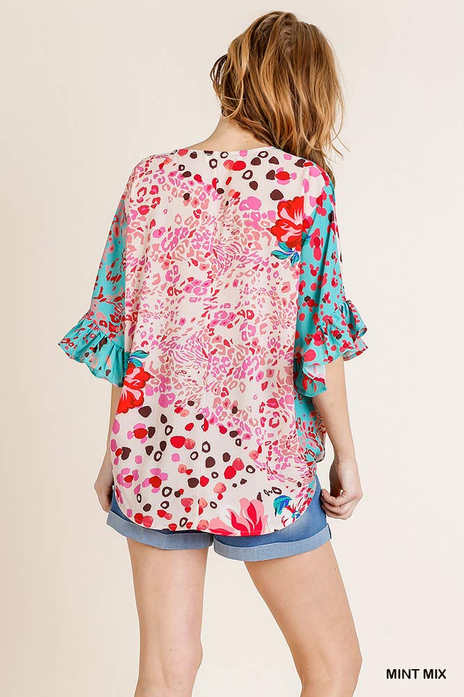 Umgee Women's Floral & Animal Print Crossbody Top - Stylish Boho Blouse for Casual Outings & Date Nights