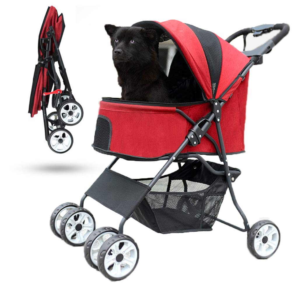 Shockproof 4-Wheel Pet Stroller for Dogs & Cats - One-Click Folding Travel Buggy with Breathable Mesh (Red) | Perfect for Outdoor Walks, Vet Visits & Shopping Trips