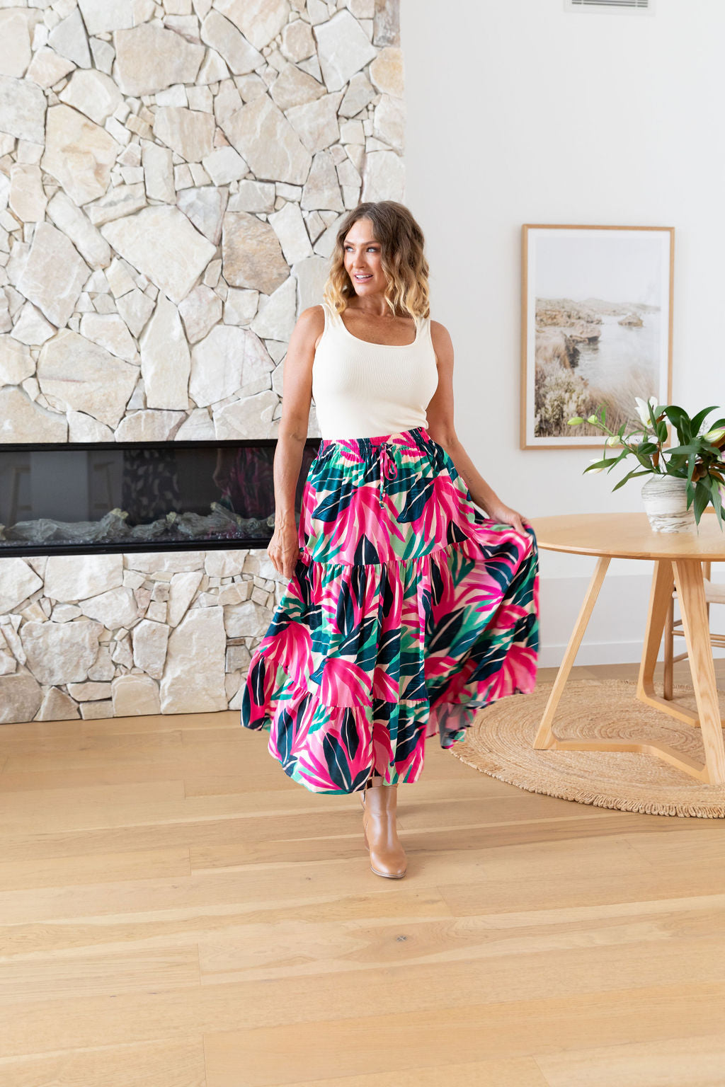 Carrie Skirt in Jungle Pink - Women's Floral A-Line Midi Skirt with Pockets | Perfect for Spring Outfits, Office Wear & Casual Dates