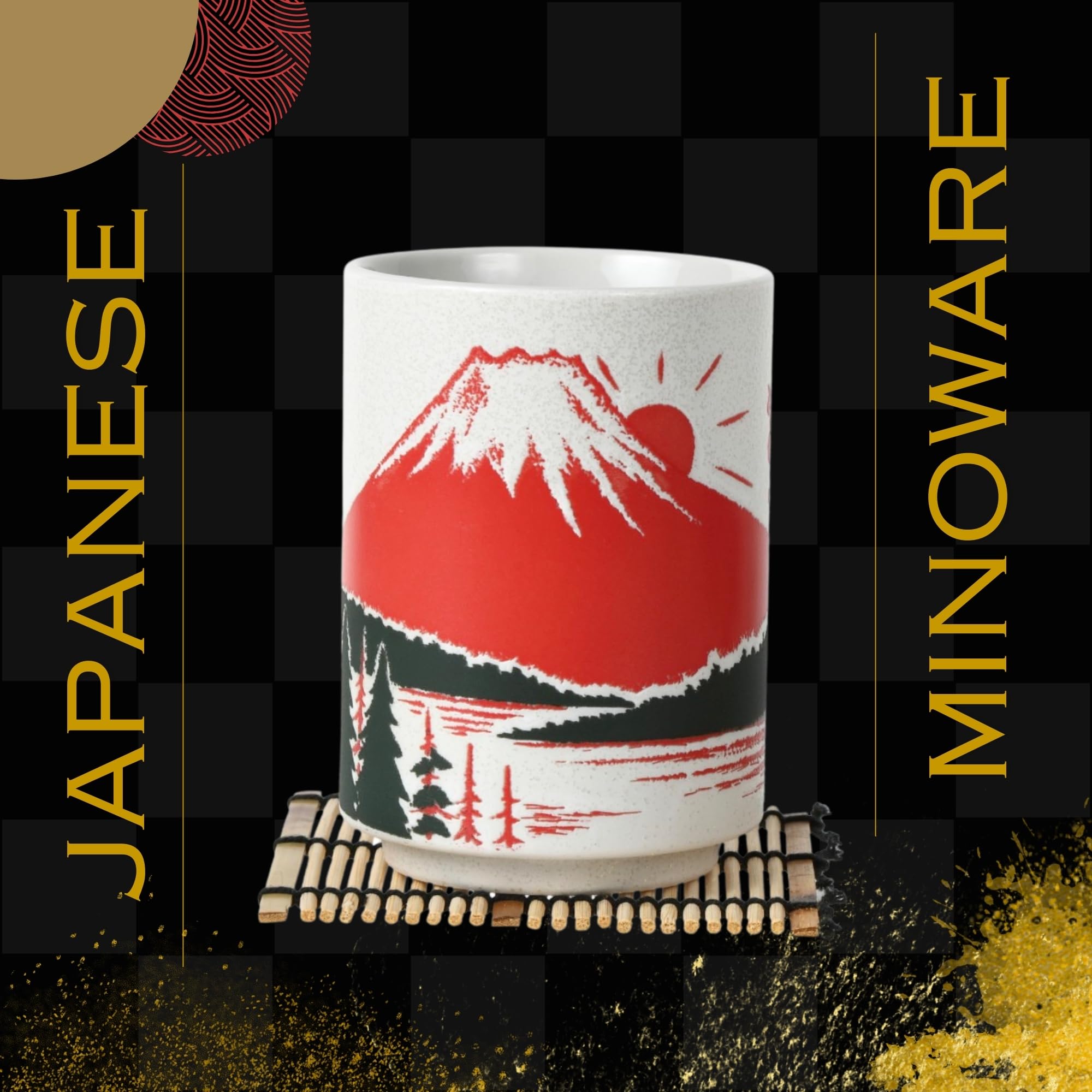 Premium Japanese Tea Cups Set - Authentic Sushi-Yunomi Mino Ware with Bamboo Coaster (2-Piece, Mt. Fuji Design) - Perfect for Matcha, Sencha & Traditional Tea Ceremonies