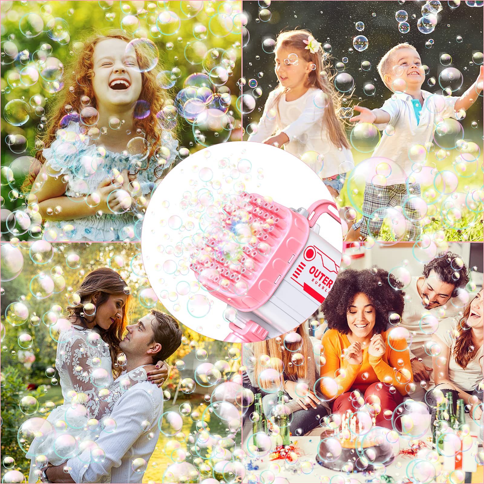 Rocket Boom Bubble Maker with 64 Holes - 5000+ Bubbles per Minute - Pink Bubble Blower for Kids & Adults - Perfect for Outdoor Play, Birthday Parties, and Summer Fun