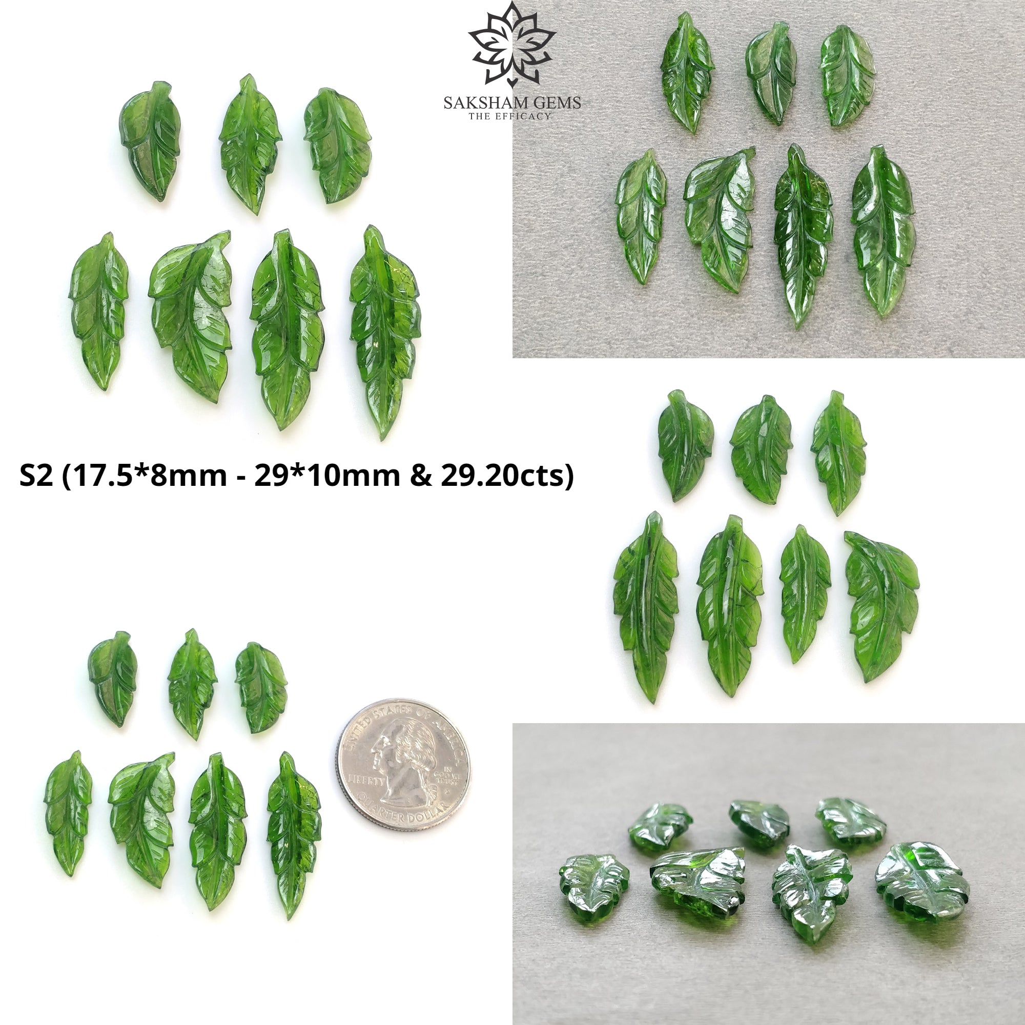 Natural Green Chrome Diopside Gemstone Carving - Hand Carved Leaf Design on Both Sides (7pcs Set) for Jewelry Making, Crystal Healing & Home Decor