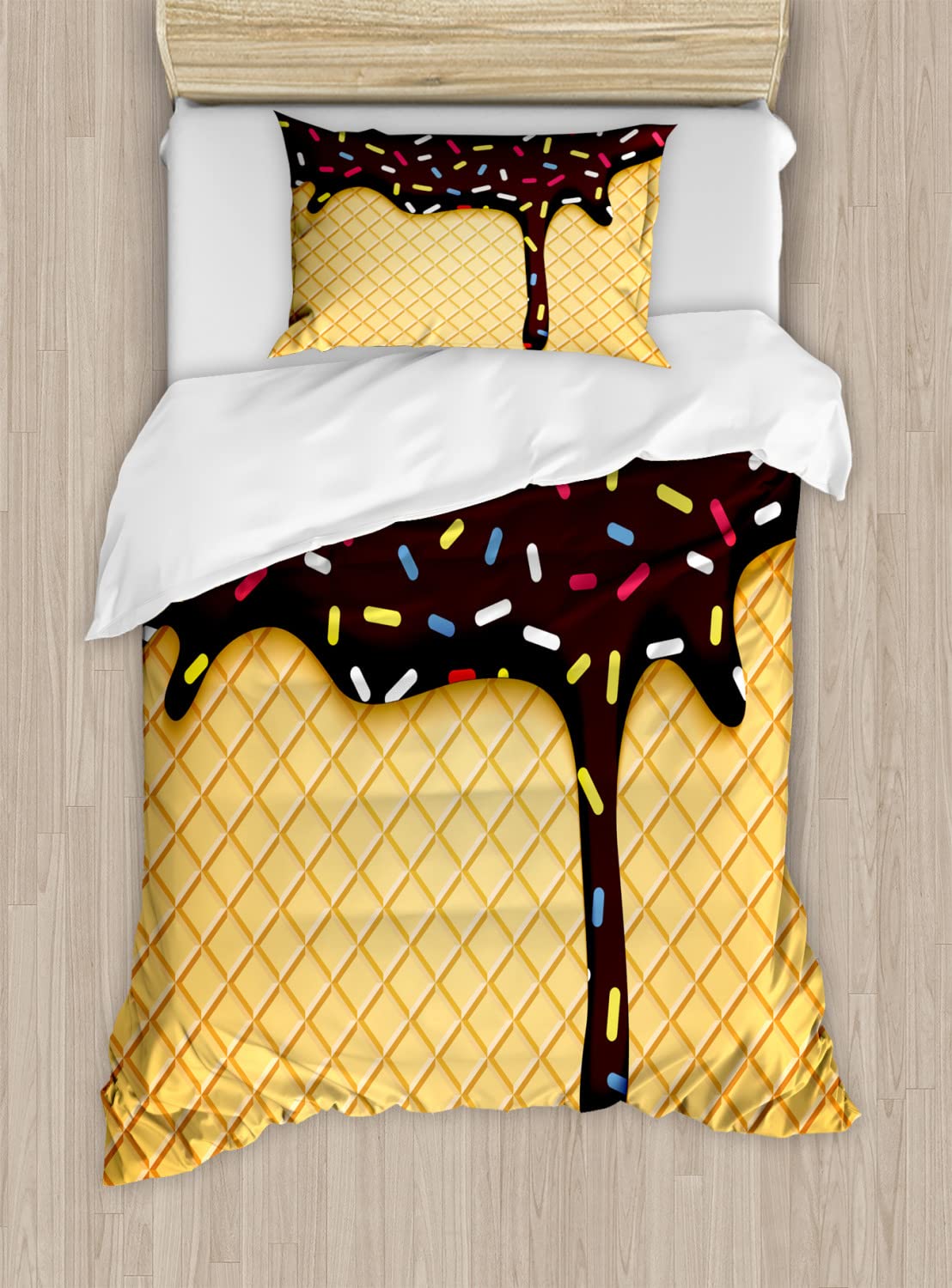 Ambesonne Ice Cream Duvet Cover Set - Waffle Chocolate Flavor Dessert Design, Soft & Cozy Bedding Set Includes 2 Duvet Covers & 2 Pillowcases, Twin Size (2 Pack), Dark Brown Mustard - Perfect for Kids' Rooms, Sweet Themed Bedrooms & Ice Cream Lovers
